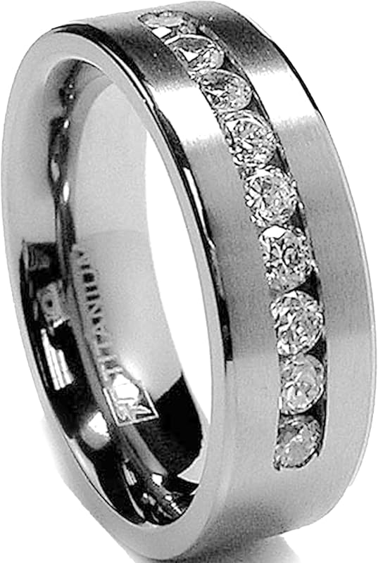 Metal Masters 8MM Titanio para hombre 1Ct. Anillo Alianza De Boda 9 Canales Grandes Con Circonita Cúbica CZ