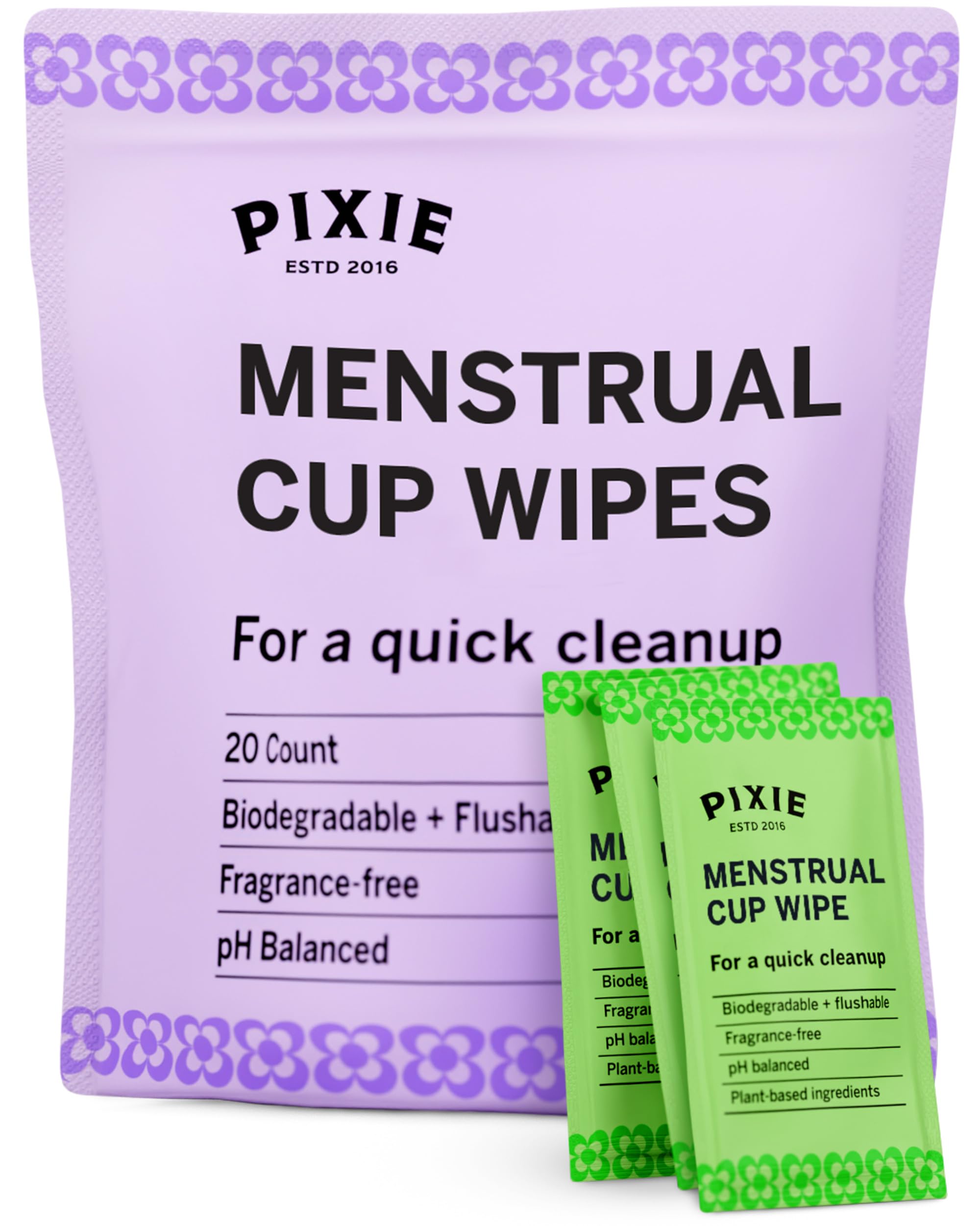 Pixie Cup Menstrual Travel Wipes - The Recommended Wipes for Your Period s - 100% Alcohol Free - Biodegradable - Flushable