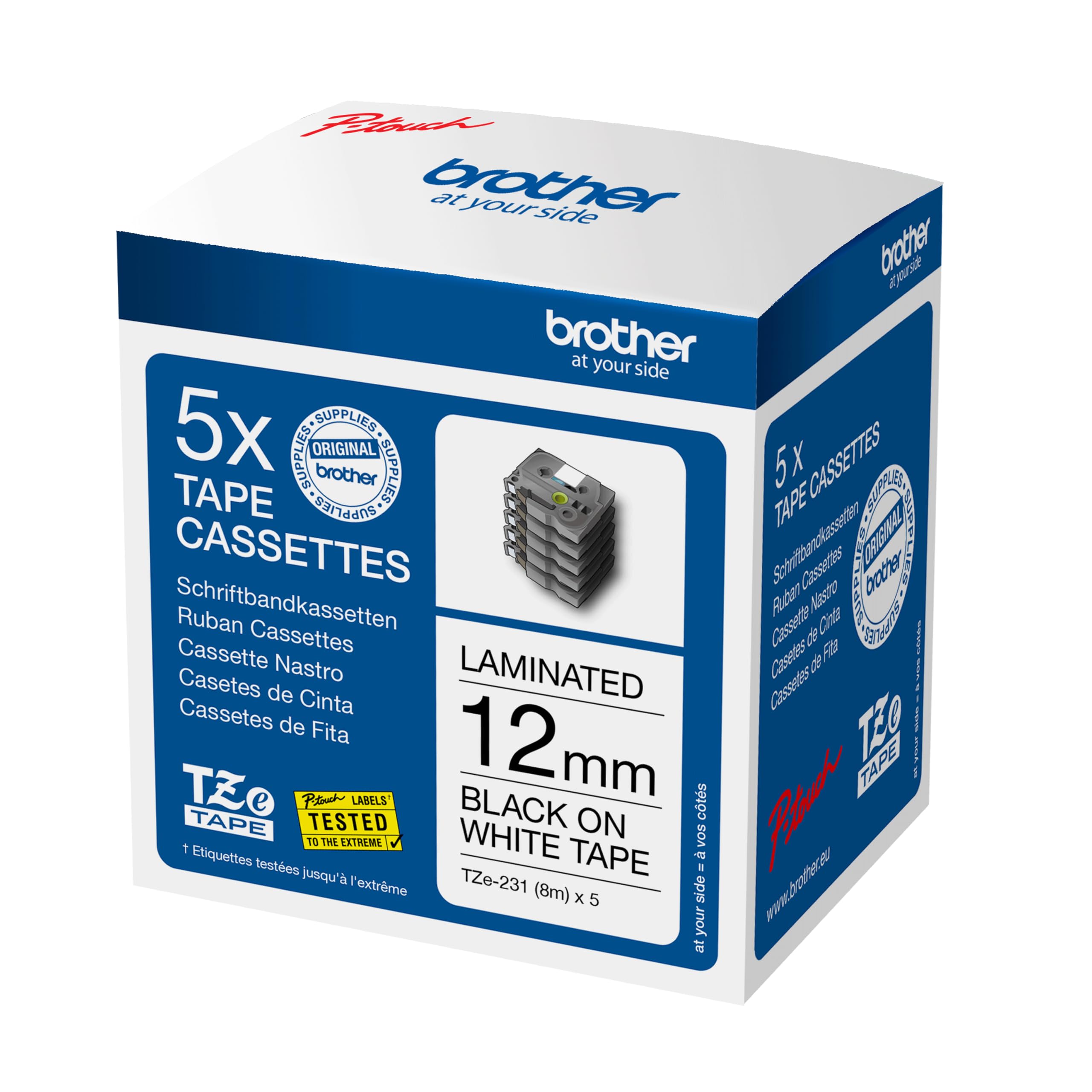 Pack de 5 rubans laminés Brother 12 mm TZE 231 blanc écriture noir