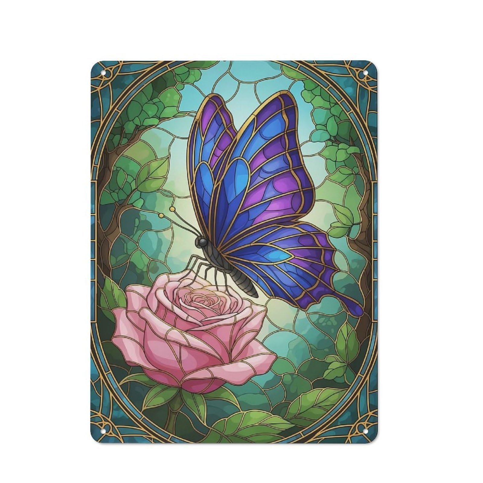 Junmoney Style-24 Casual Butterfly On Rose Stained Glass Art Shed Metal Sign 40X30cm, Utility Space Decor For Shed, Garden Room, Porch Or Garage