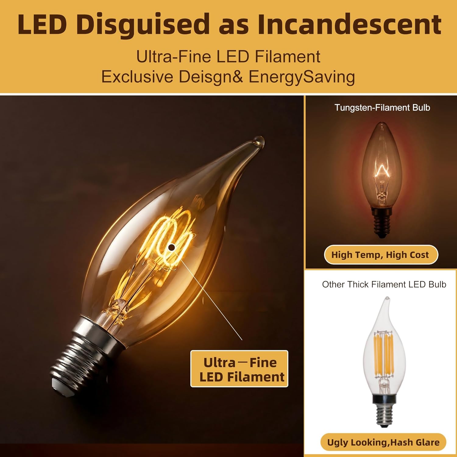 Amber Candelabra Light Bulbs 40watt Equivalent, 4W Ultra-Fine LED Filament E12 Small Base, Dimmable 2000k Warm Light, Candle Ca10 Chandelier Light Bulbs for Ceiling Fan,Chandelier, 12 Pack