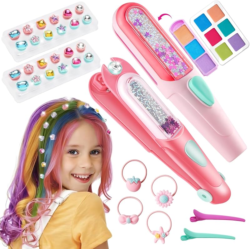 Tiza temporal para el cabello con kit de estampador de gemas para el cabello, herramienta de peinado con diamantes brillantes reutilizables, tiza para el cabello lavable, tinte para el cabello para niñas, juguetes regalos para niñas 3 4 5 6 7-12