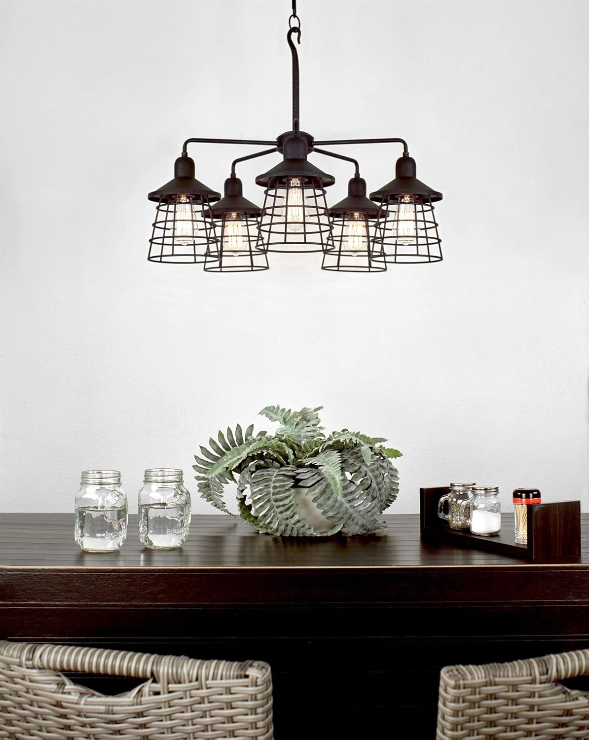 Amаzіng 🔥 Kira Home Rowan 26 5-Light Rustic Farmhouse Chandelier + Metal Cage Shades, Industrial Hanging Light for Foyer, Dining Room, Kitchen,Textured Black Finish