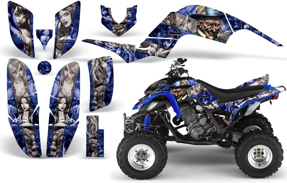 AMR Racing ATV Graphics Kit: Quad Stickers for Yamaha Raptor 660 (2001-2005), Featuring Mad Hatter Silver & Blue Design, Transform Your Ride with Protective ATV Stickers!