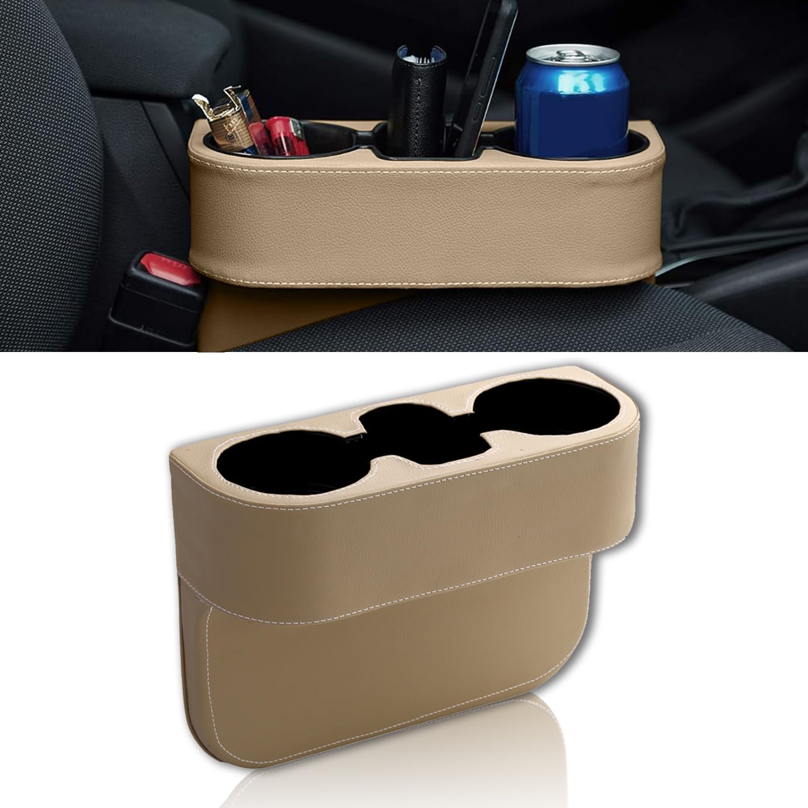 Car Cup Holder, PU Leather Auto Front Seat Organizer, Multifunctional Cup Drink Holders, Gap Filler Storage Box Coin Bucket Console Side Pocket Cell Mobile Phone Holder (Beige)