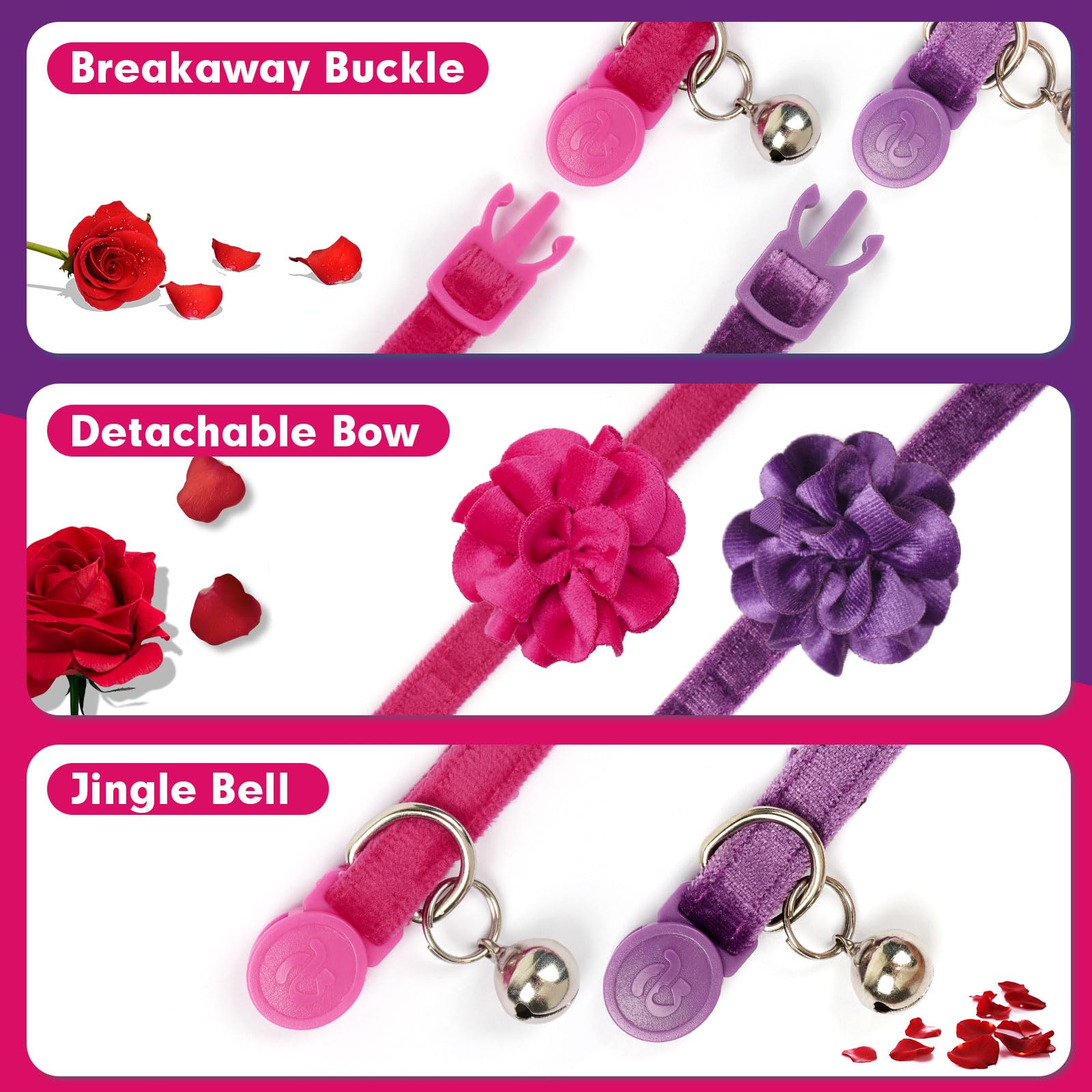 azuza Paquete de 2 collares de gato florales con campana y pajarita de flores extraíbles, tela de terciopelo ajustable, collar de gato para mascotas, fiesta de vacaciones y decoración diaria, rosa