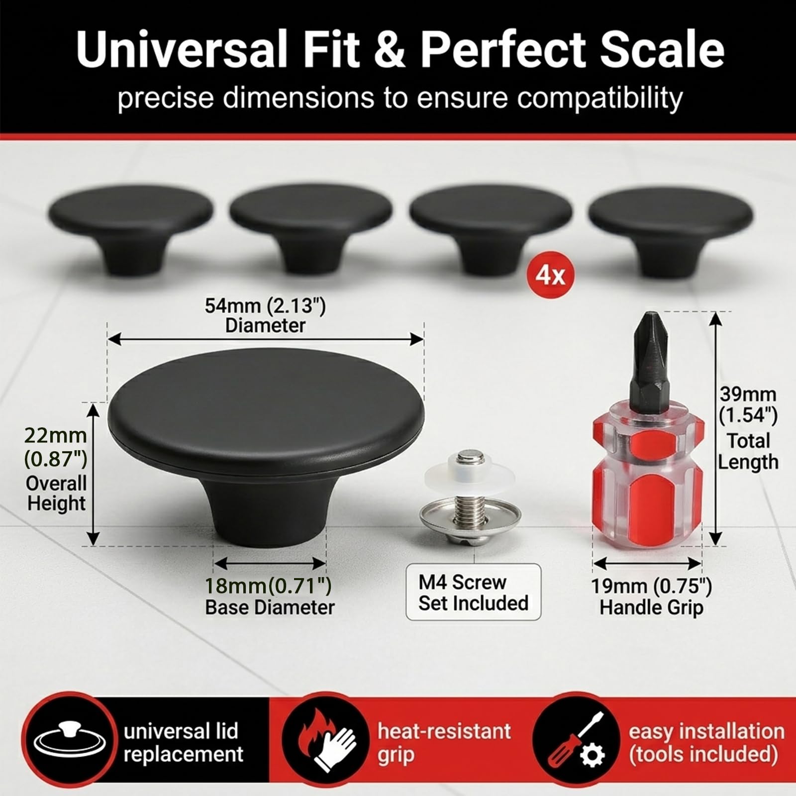Set da 4 Manopole Universali per Coperchio Pentola con Cacciavite Incluso - Pomelli di Ricambio Resistenti al Calore per Coperchi in Vetro, Padelle e Tegami, Plastica Robusta, Nero - 3