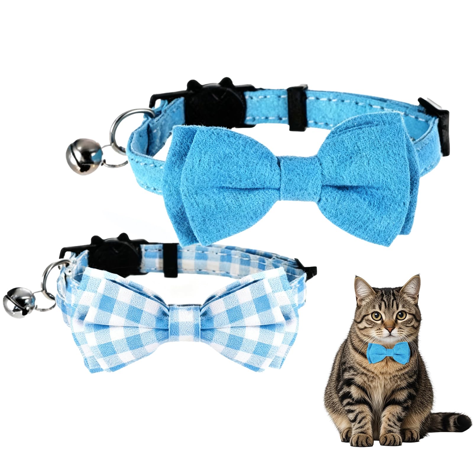 Cat Bow Tie - Homiladi 2 Pcs Cat Collar with Bell | Adjustable Breakaway Kitten Collar, Blue Plaid Bow Tie Collars with Bell for Cats, Safe Breakaway Collar for Pet Kittens