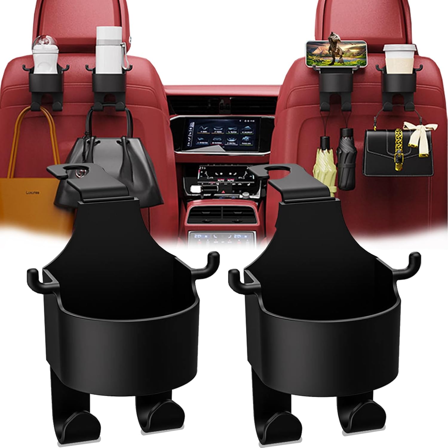Multifunctional Hook for Car Seat Head Rest, 3 in 1 Vehicle Backseat Drink Cup Holder, Car Storage Hooks for Purses and Bags Cute, Phone Holder, Handbag, Clothes, Key, Umbrella – 2 Packs (Black)