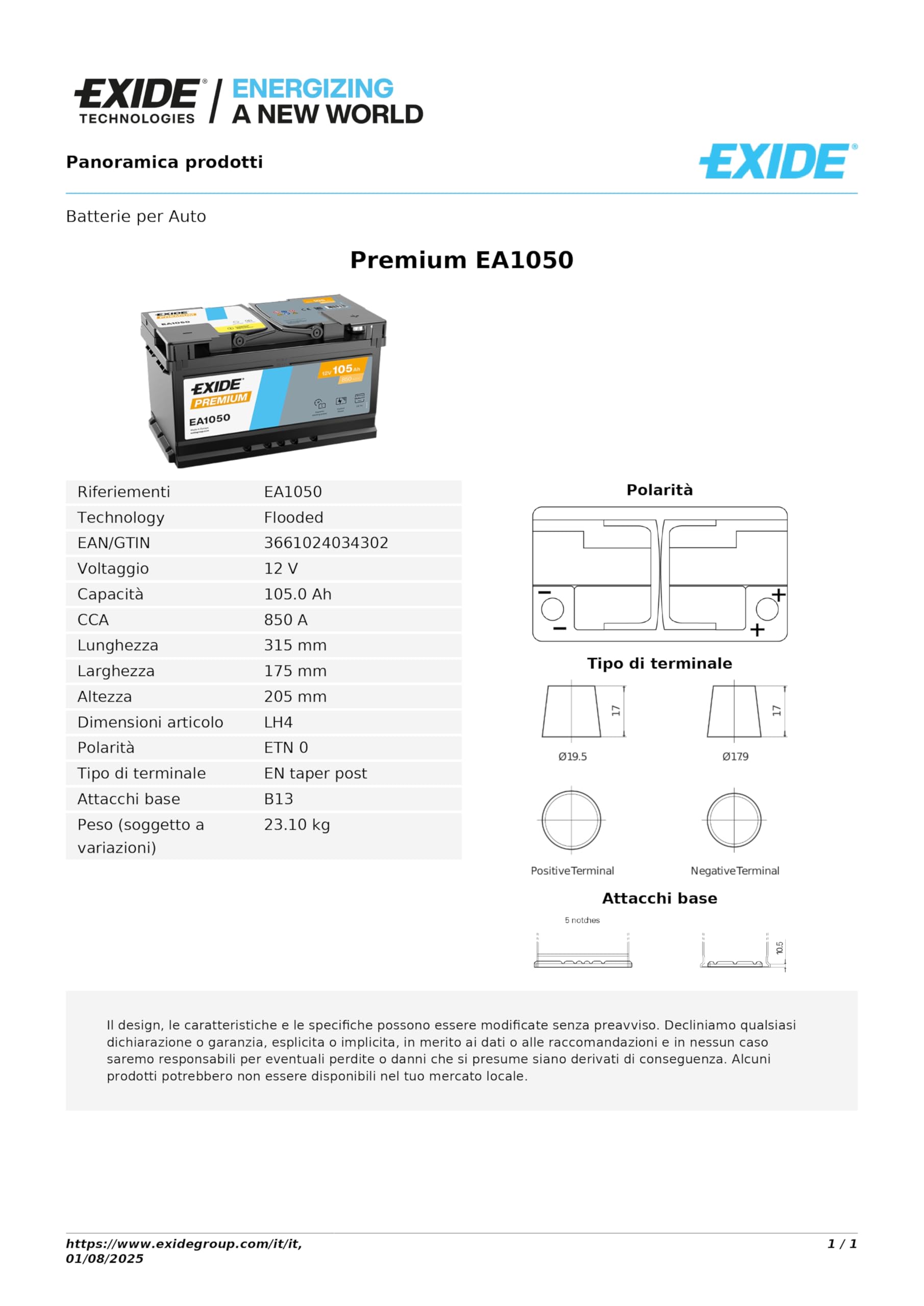 Batteria Exide EA1050 PREMIUM 12V 105Ah 850A LH4 B13 per IVECO DAILY IV Bus