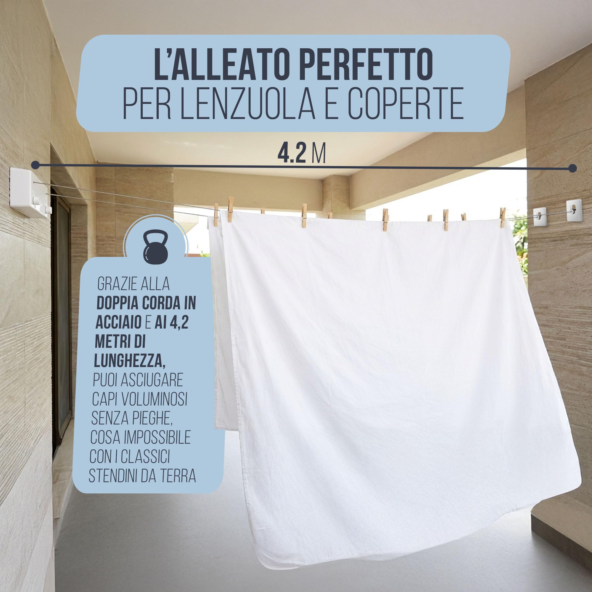 Filo Stendibiancheria Retrattile da Parete con doppia corda in acciaio da 4,2 m Stendibiancheria a Scomparsa Salvaspazio per bagno e balcone - Mollette in legno e sacchetto in tessuto inclusi