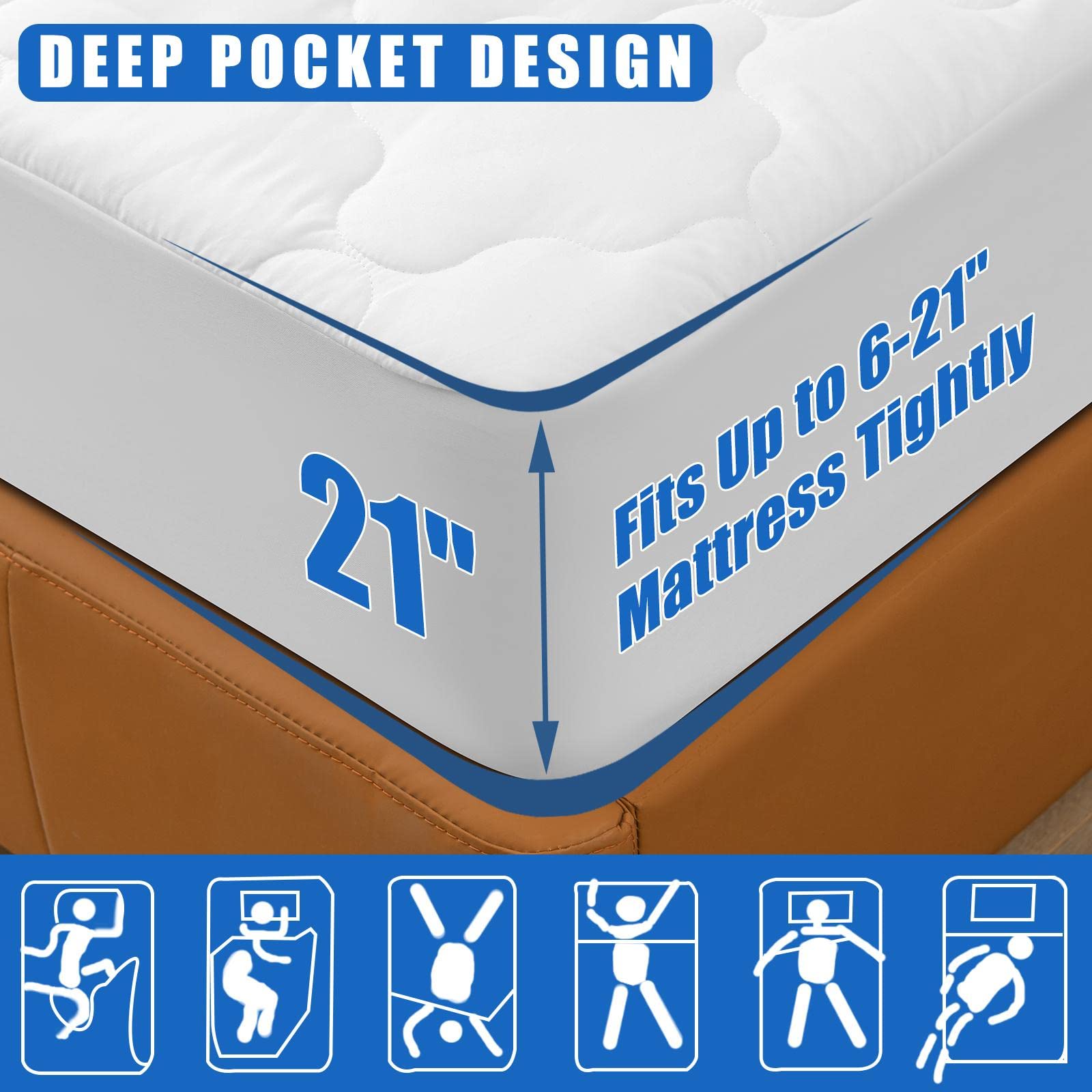 Fitted Waterproof Mattress Protector, Queen Size Cooling Bed Pad Cover With Deep Pocket Soft Breathable Bed Cover Noiseless Washable