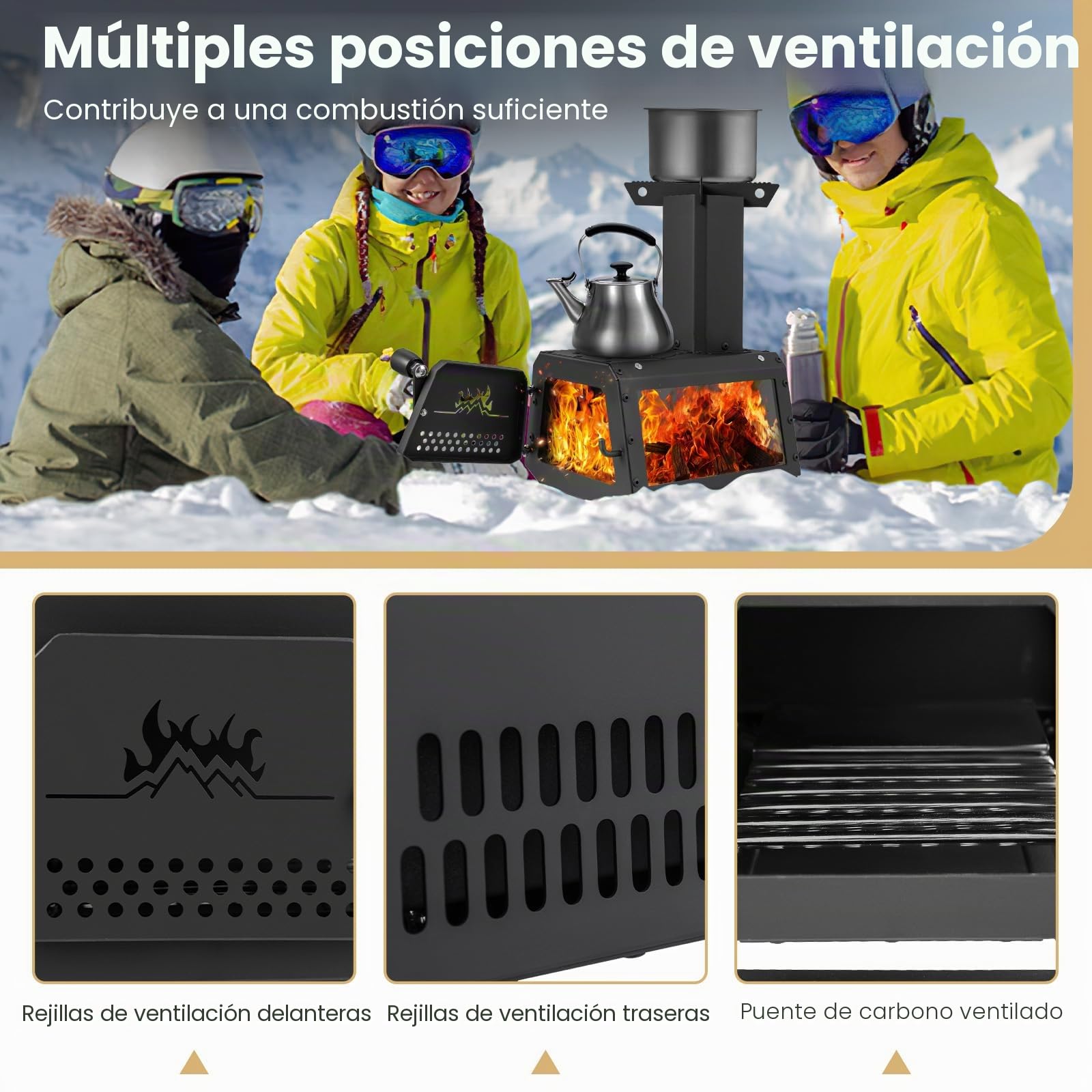 FANTASK Estufa de leña portátil, Estufa cohete para exteriores incl. 2 superficies de cocción con ventana de visualización y bandeja de cenizas, Estufa para tienda de campaña, Estufa de camping para
