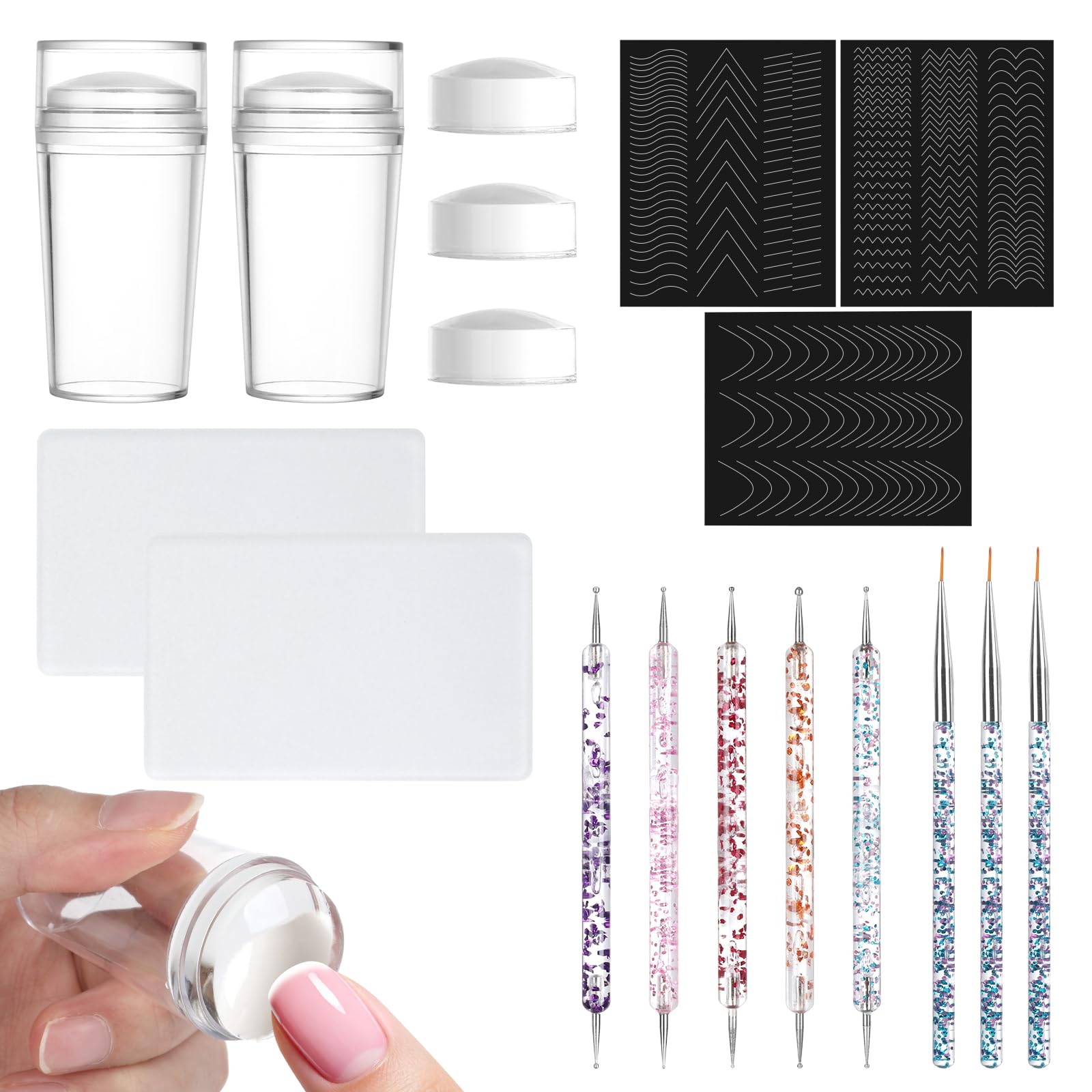 18 Pezzi Nail Art Stamper, Timbri per Unghie con 5 Penne per Dotting 3 Pennelli per Unghie 3 Adesivi Guida, Nail Art, French Unghie per Manicure Fai Da Te