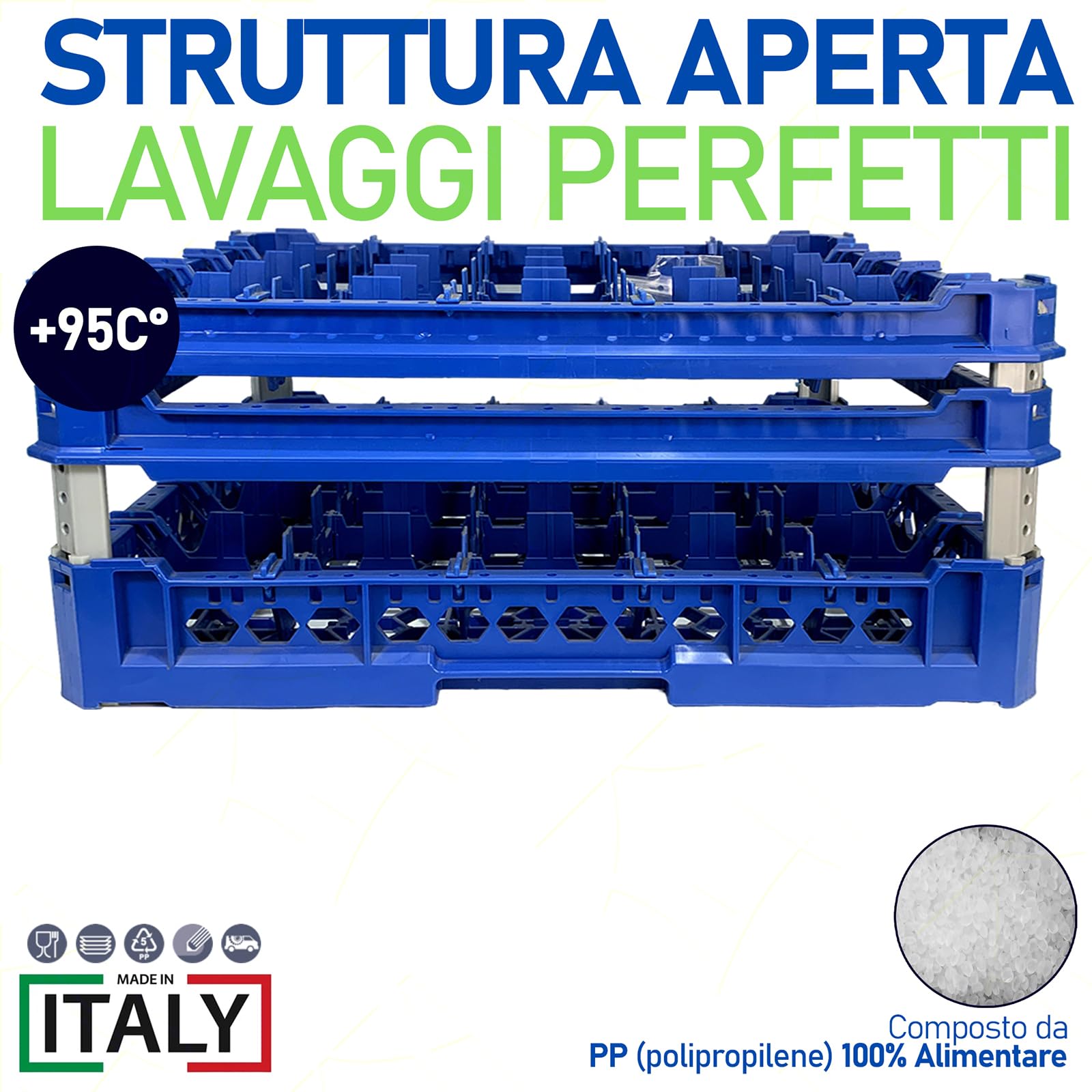 Sicignano | Cesta para lavar vasos, plástico alimentario, apilables, resistentes hasta +95 °C, ideales para lavado, secado y almacenamiento – Medidas 500 x 500 mm (5 x 5, kit de 4)