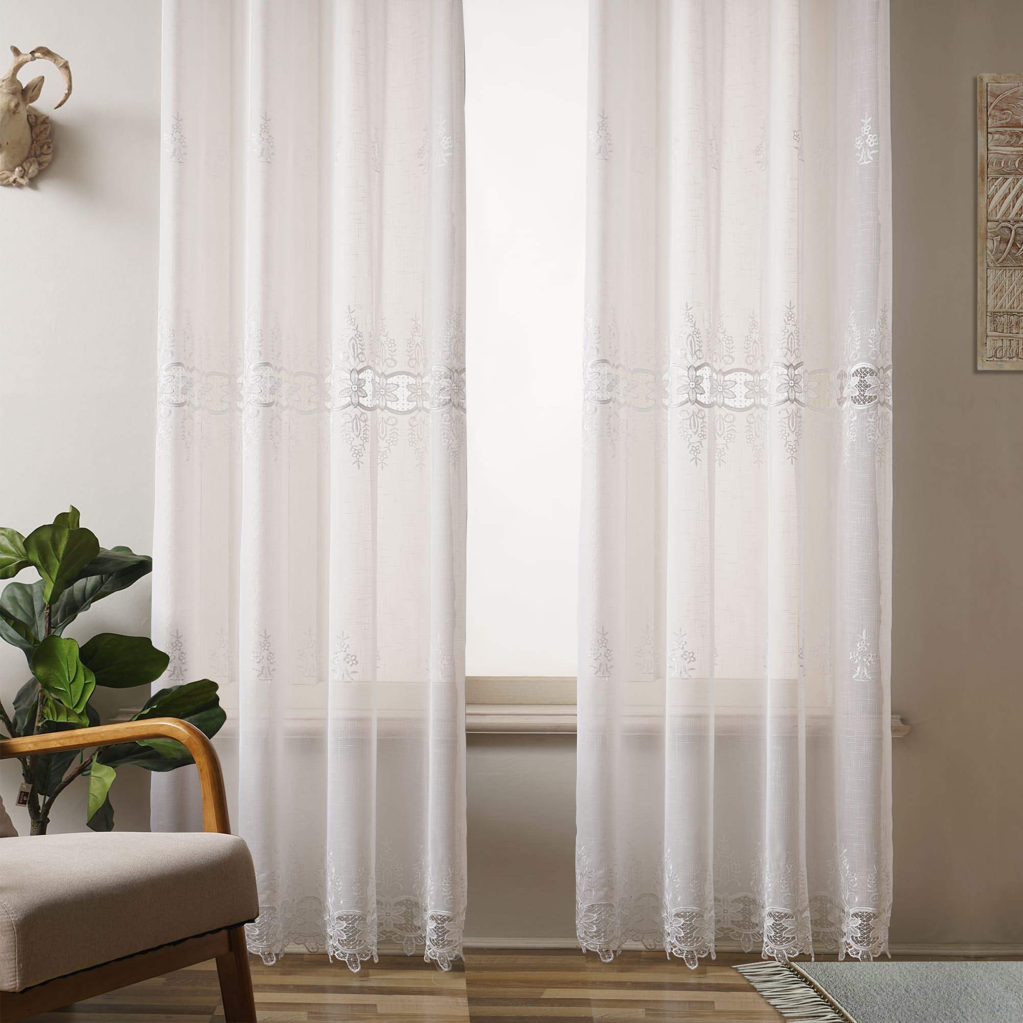 Viste tu hogar Pack 4 Cortina Decorativa con Diseño Bordado Semi Translucida, Estilo Simple y Elegante, para Salón, Habitación y Dormitorio, 4 Piezas, 145X260 CM, Estampado con Color Blanco