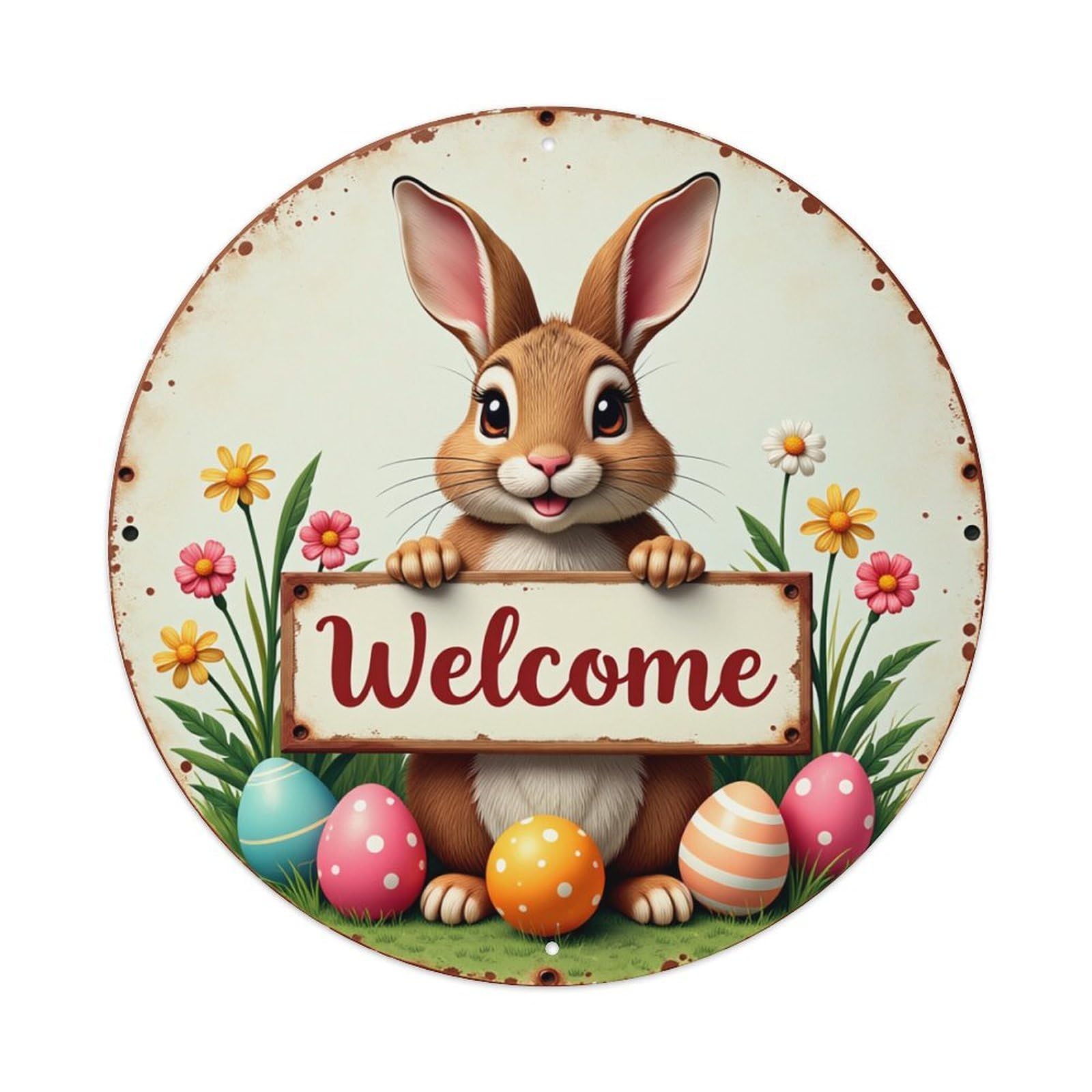 Easter Bunny Welcome Sign Pattern Round Tin Sign Retro Metal Sign for Cafe Bar Pub Home Game Room Gym Club Wall Decoration Vintage Metal Poster 8x8 Inch