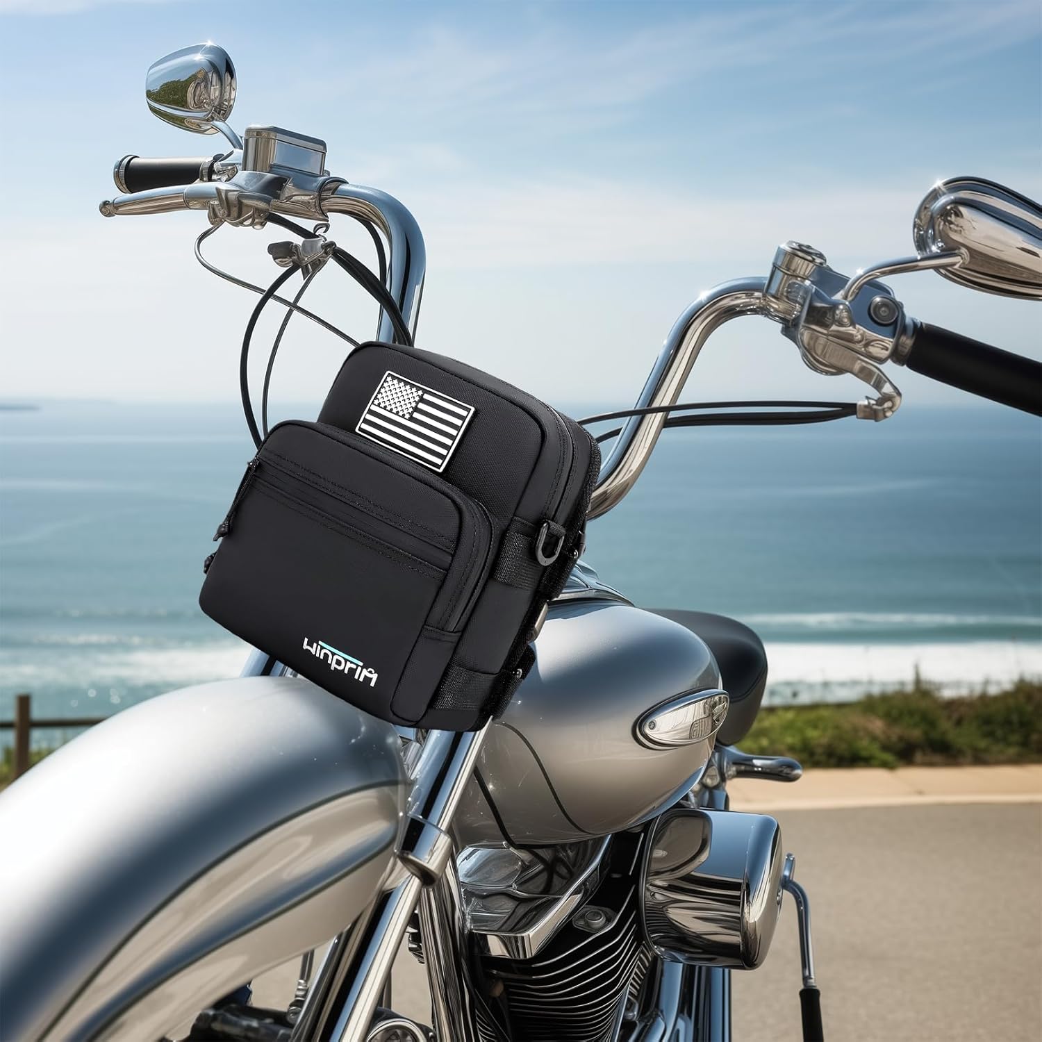Handlebar Storage Bag for Motorcycles – Waterproof 1680D Utility Pouch with Flag Patch – Small Size for Crossbar or Shoulder Use (Bright Black)
