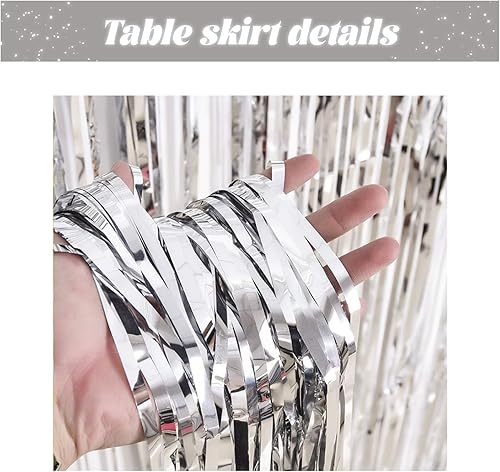 Miniatura 3 de Paquete de 2 faldas de mesa de oropel con flecos metálicos de 29.5 x 48 pulgadas, cortinas de fondo para bodas, cumpleaños, suministros de fiesta,