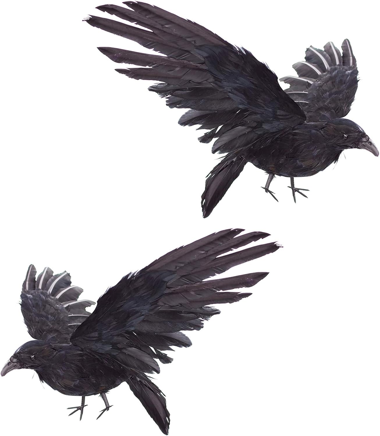 Etistta 2-Pack Realistic Crows Lifesize Extra Large Handmade Black Feathered Crow for Halloween Decorations Birds, XL (15 inch+15 inch)
