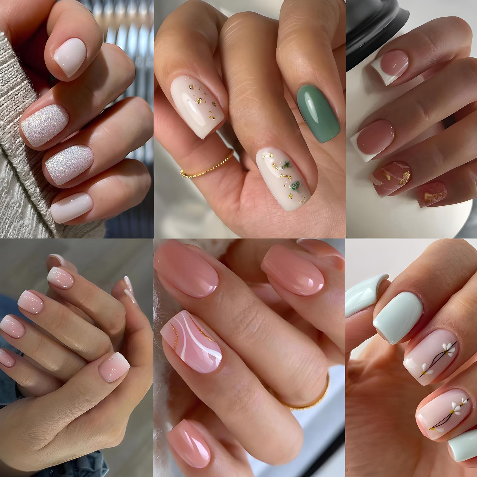 6 Packs (144 Pcs) Medium Press on Nails Square Fake Nails Gold Foil Glitter False Nails Design Short Glossy Nude Glue on Nail Set Stick on Nail for