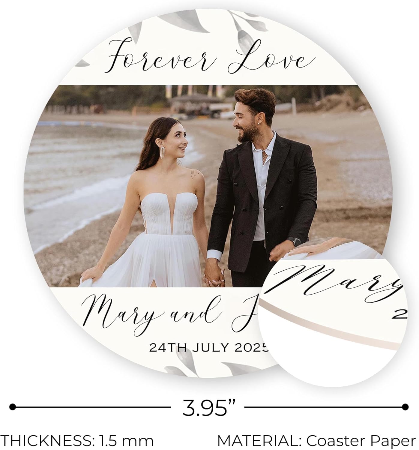 100 Pack Personalized Wedding Coasters, Custom Cardboard Coasters for Drinks with Photo Print and Text, Keepsake Wedding Favors and Gifts for Couples, 3.95" Round (Design 10)