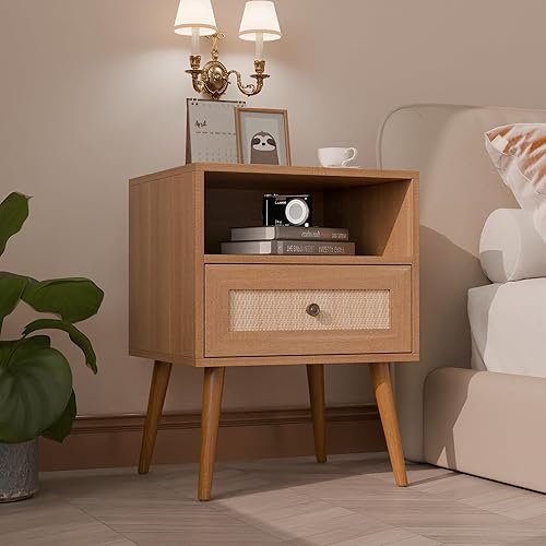 Miniatura 11 de Moderno juego de 2 soportes de mimbre de ratán con cajón y estación de carga, mesa auxiliar de madera para espacios pequeños, mesita de noche de