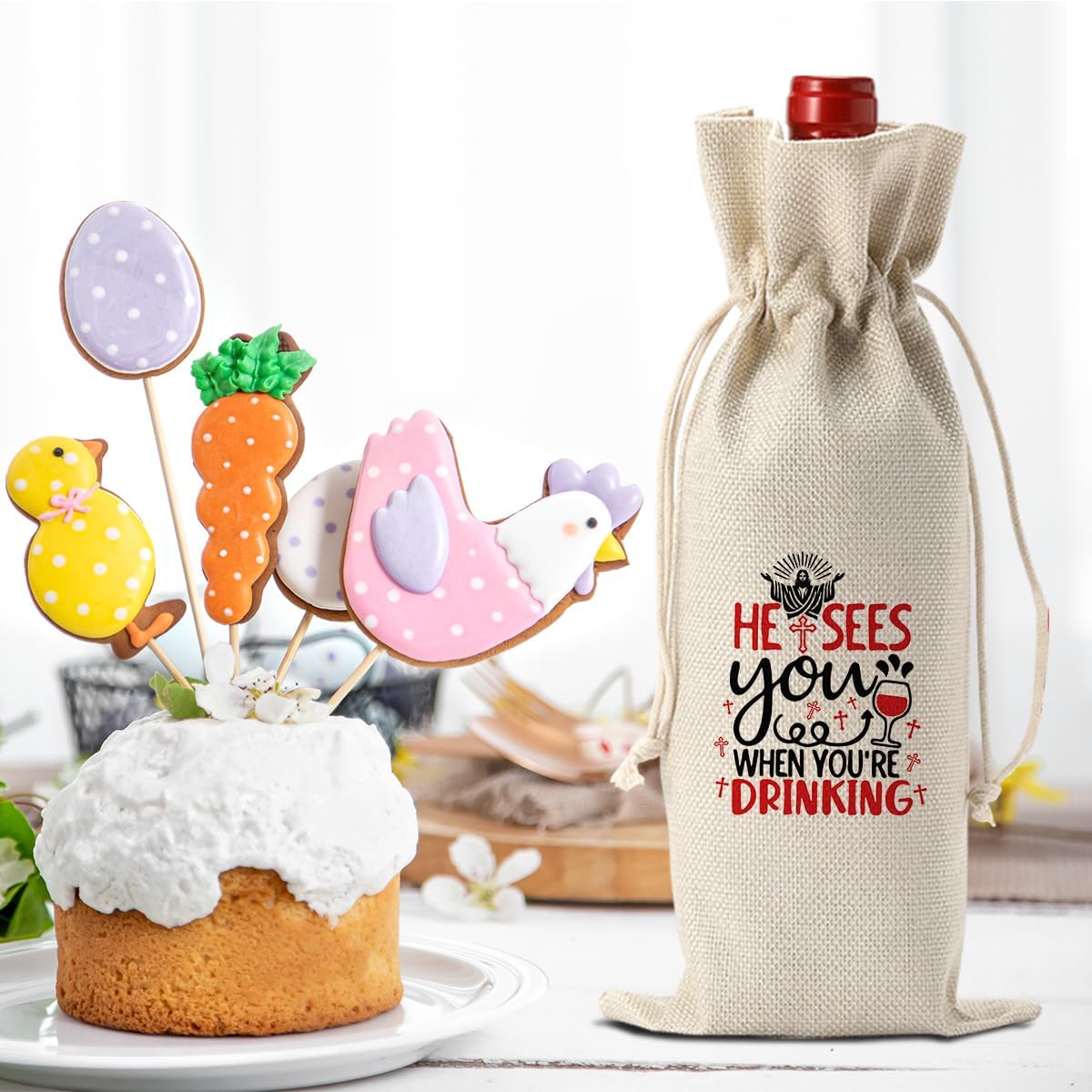 Funny Easter Wine Bag Easter Basket Easter Christian Religious Decorations Easter Holiday Gifts for Women Men Easter Wine Bag Wine Accessory Sets Gifts for Wine Lover Easter Party Decorations