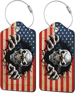 America and Virgin Islands of The United States Skull Flag Luggage Tags for Suitcases,Leather Stainless Steel Loop Identifiers Privacy Coveridentifiers and Address Card Airport Travel Essentials