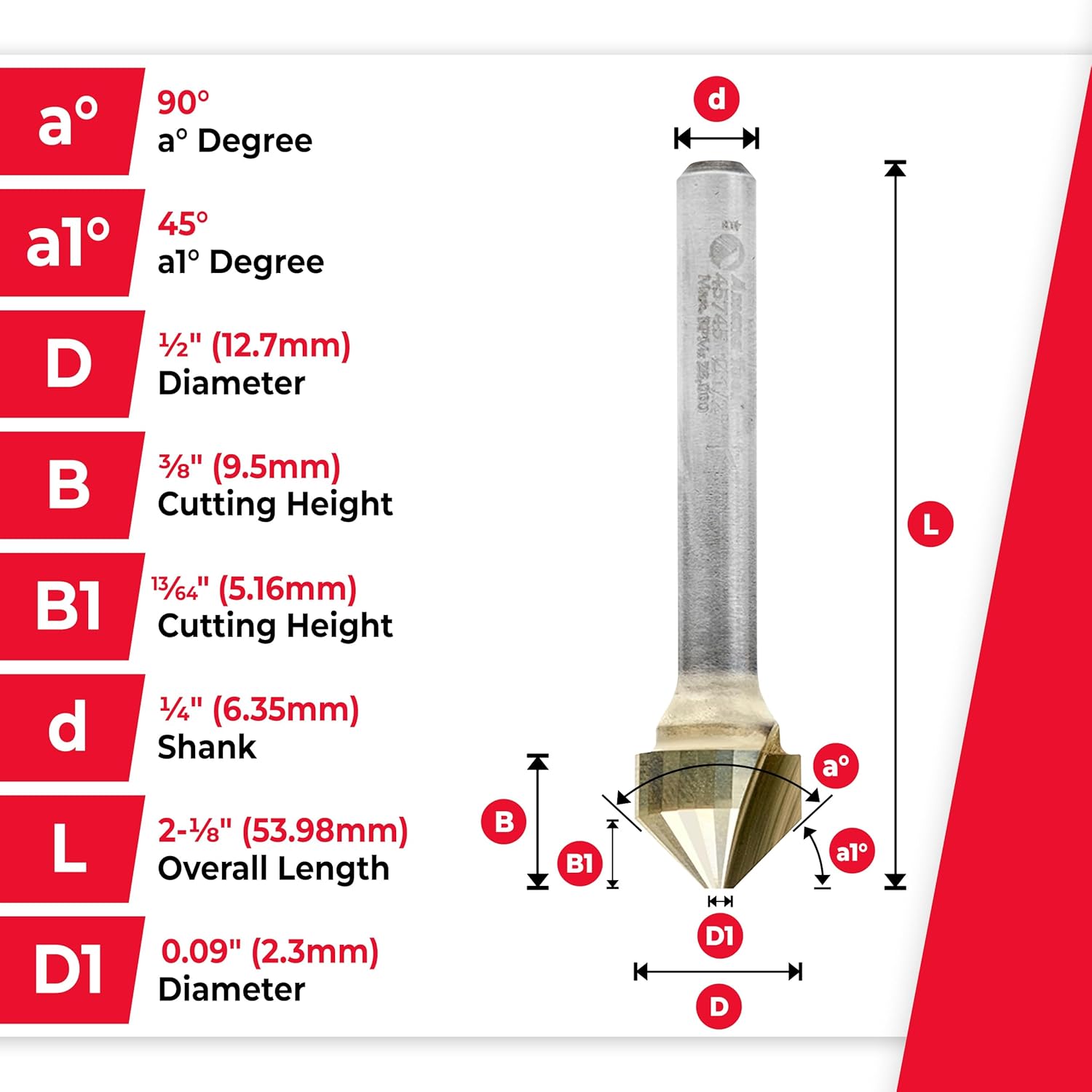 Amana Tool Carbide V-Groove Router Bit for Composite Materials, ZrN Coated, 45745, 90 Degree, 0.090 Inch Tip Width x 13/64 x 1/2 Dia x 1/4 Inch Shank