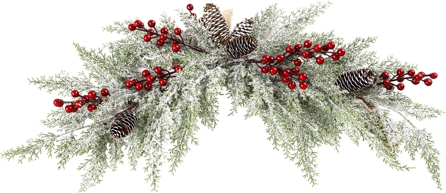 SHACOS 27" Christmas Frosted Cedar Swag with Pine Cones Red Berry Small Snowy Christmas Swag Wreath for Front Door Windows Mailbox Wall Mantle Table Decor Indoor Outdoor
