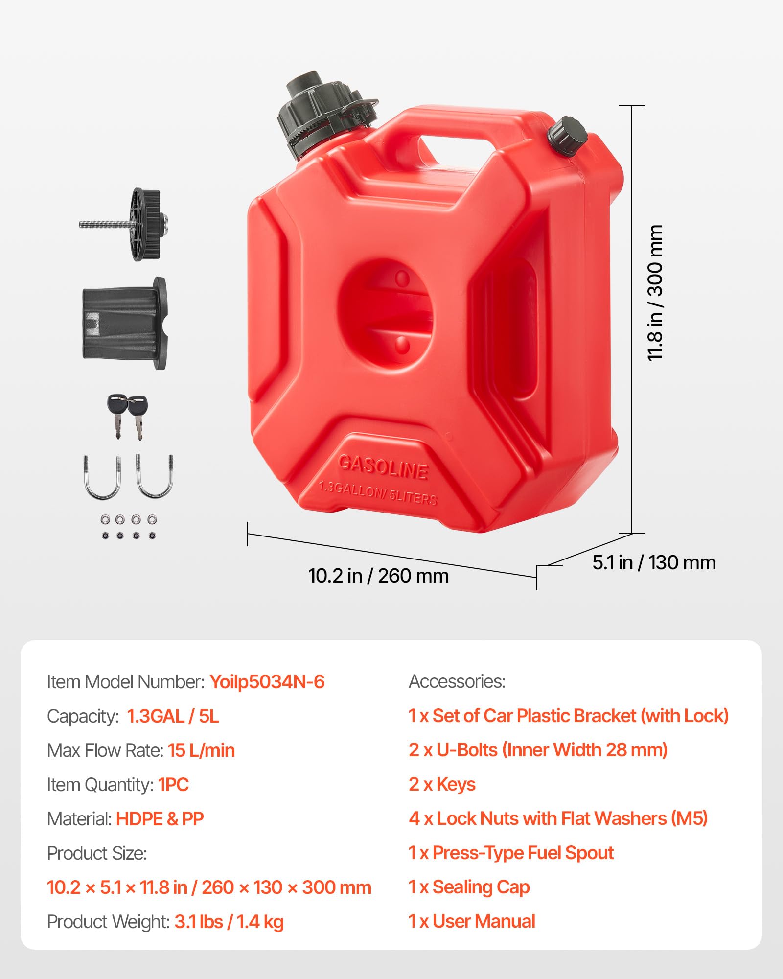 VEVOR Bidón de Gasolina de 5 L, Tanque de Combustible de HDPE y PP, con Pico y Cerradura, Caudal Máximo de 15 L/min, a Prueba de Fugas, para la Mayoría de Autos, Motocicletas, ATV, UTV, Rojo, 1 Pieza