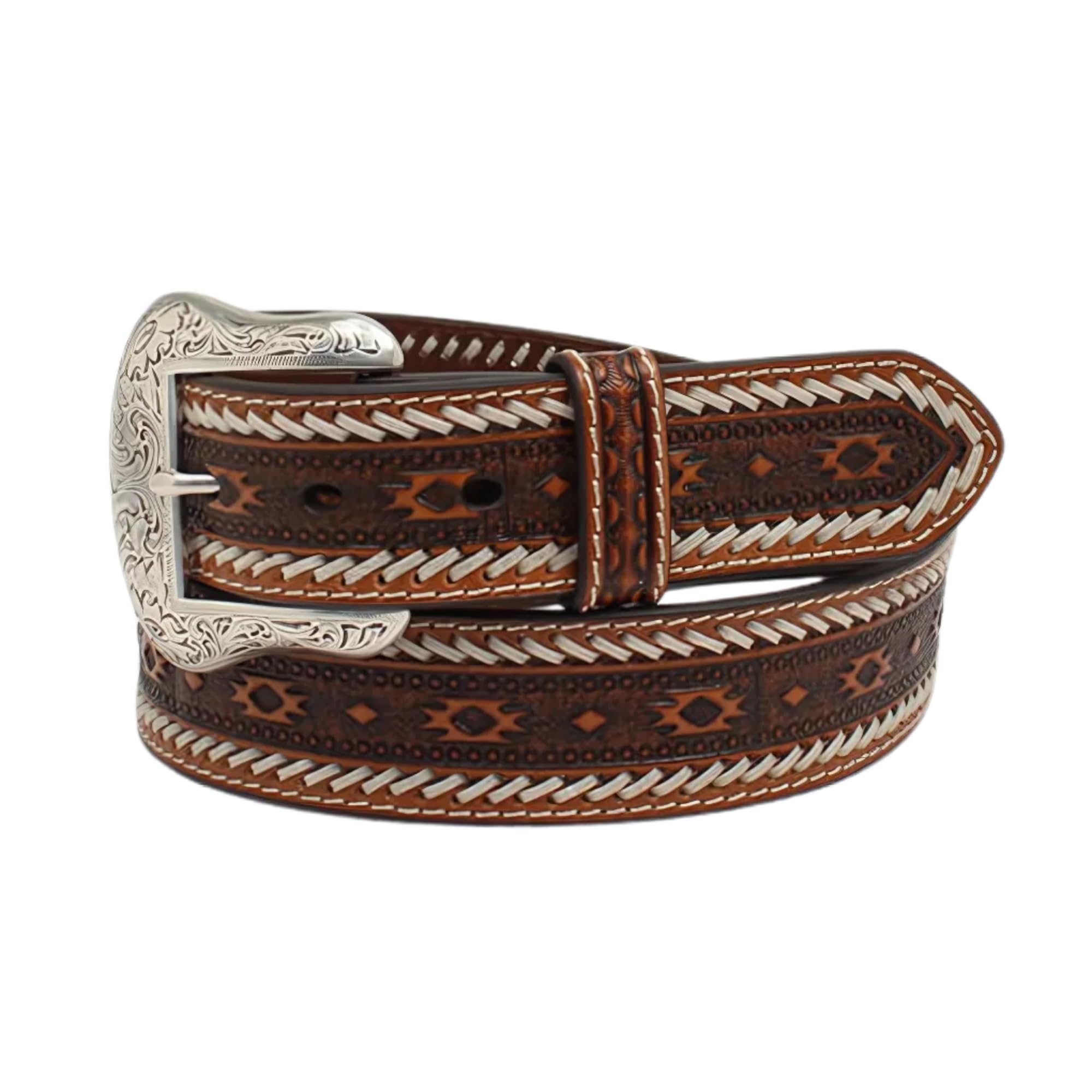 ARIAT Men's Southwestern Buck Stitch Pattern Leather Belt, Tan, 38