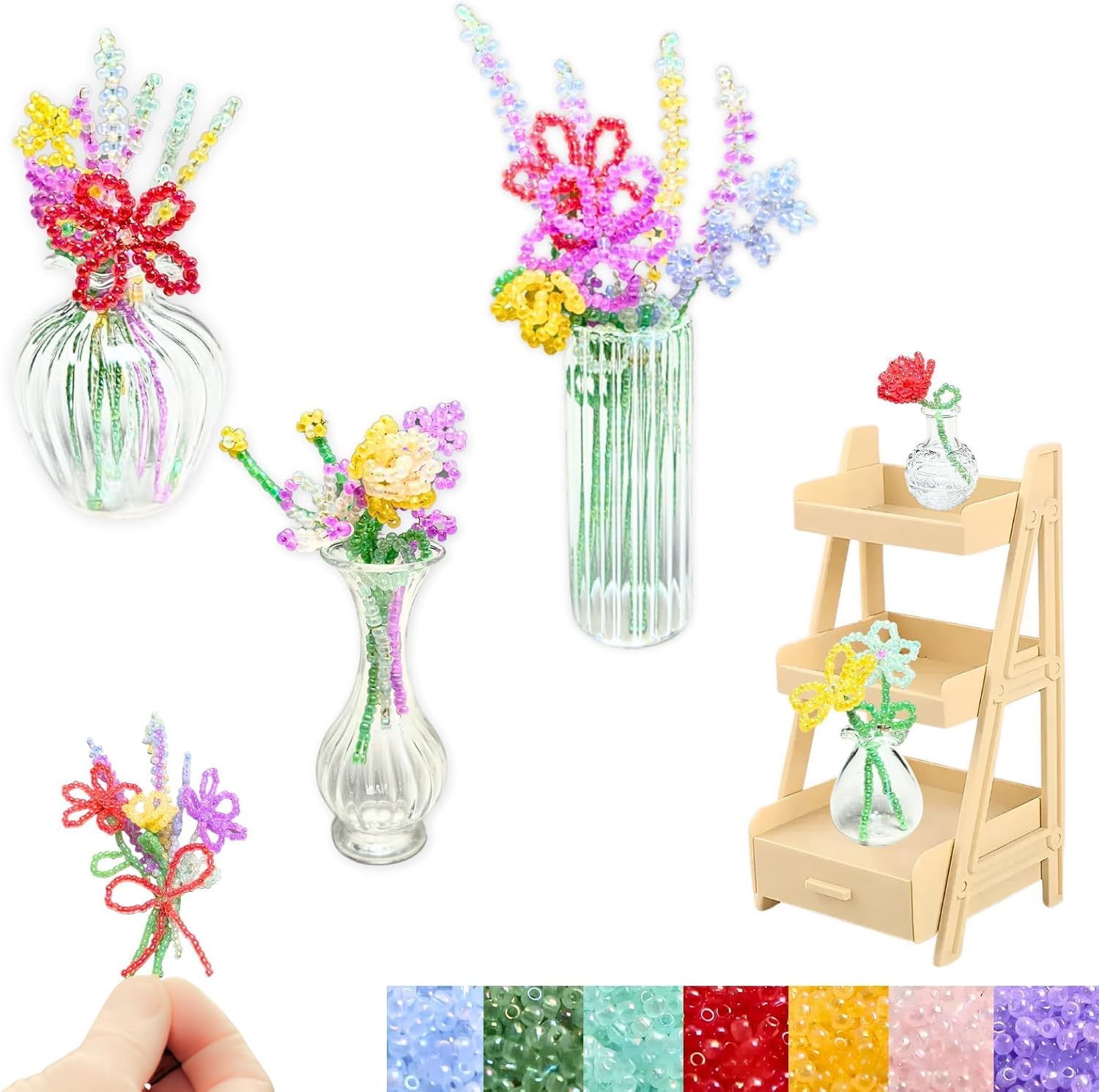 Beaded Plant Kit for Beginners: DIY Home Decor with Mini Vase Stand & Video Tutorial - Stress-Relieving Craft for Adult, Desk Decoration, Birthday Gift for Women