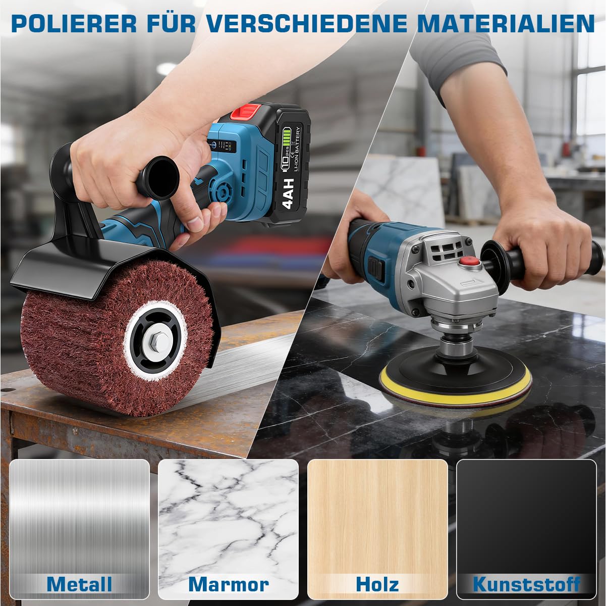 3 IN 1 Satiniermaschine & Poliermaschine & Winkelschleifer, 1200W Akku-Bürstenschleifer Brushless, 5500-9000U/min, 2x4.0Ah Akkus, 3 Drehzahlregelung, ⌀120mm Polierrad, Kompatibel mit Makita-Akkus