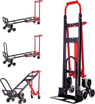 Professional Heavy Duty 1000LBS Stair Climbing Dolly, 4-in-1 Convertible Hand Truck, Upgraded Foldable Utility Moving Cart with Solid Wheels for Warehouse, Office & Home Red