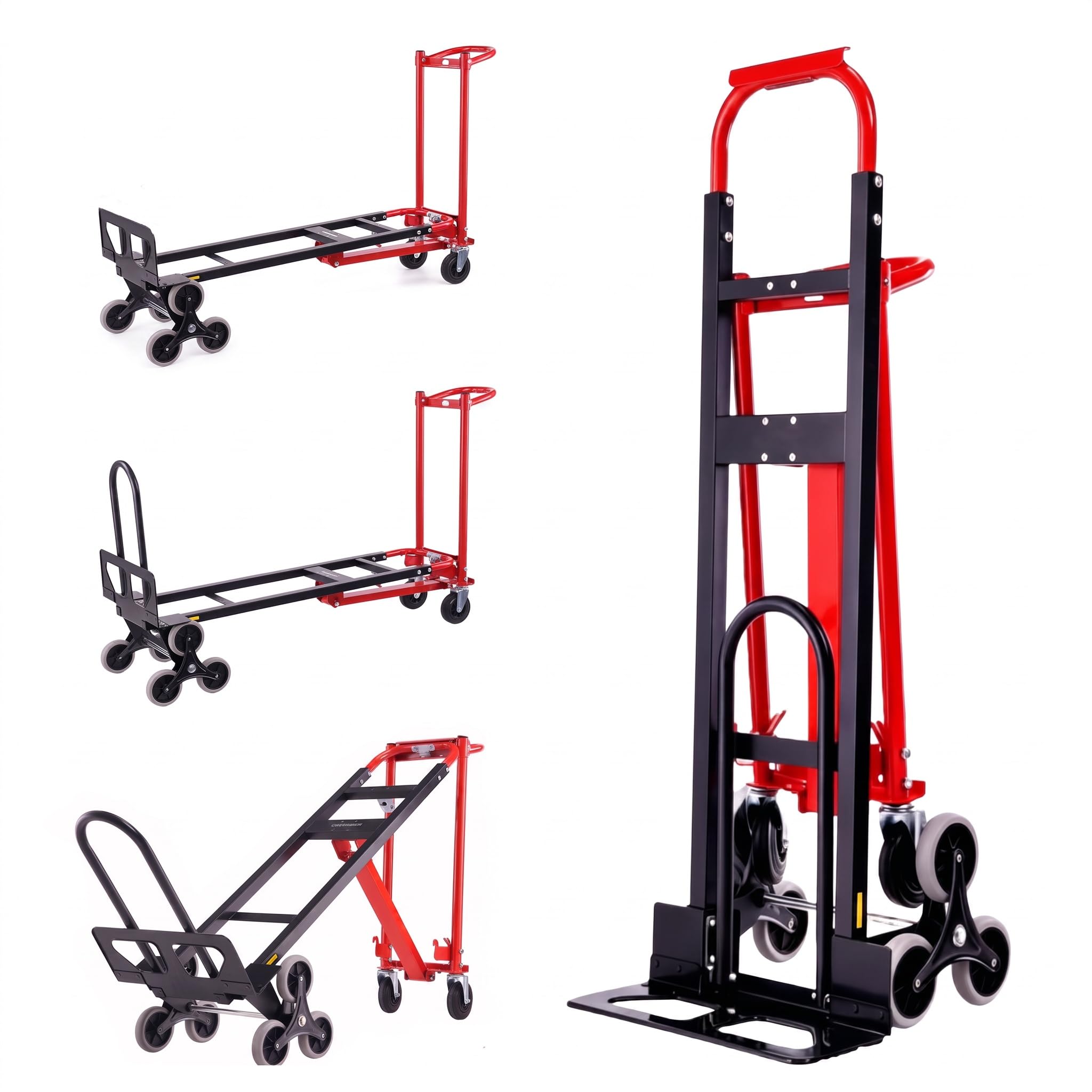 Professional Heavy Duty 1000LBS Stair Climbing Dolly, 4-in-1 Convertible Hand Truck, Upgraded Foldable Utility Moving Cart with Solid Wheels for Warehouse, Office &amp; Home (Red)