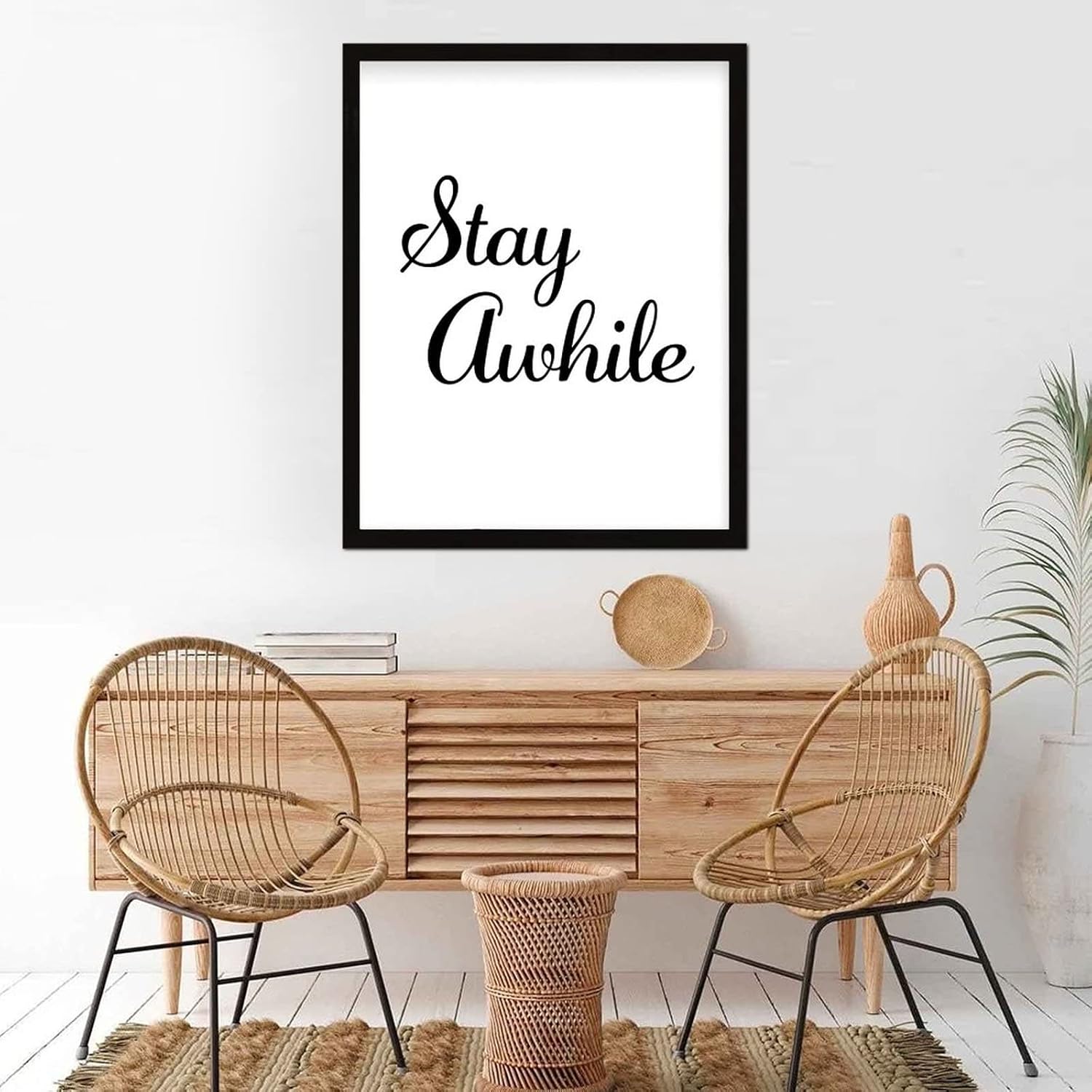 Chic Style 16x20in Hanging Wall Sign with Classic Quotes Stay Awhile Wall Hanging Black Frame Wooden Plaque for Washroom Farmhouse Garden Yard Porch Cottage Wall Decor