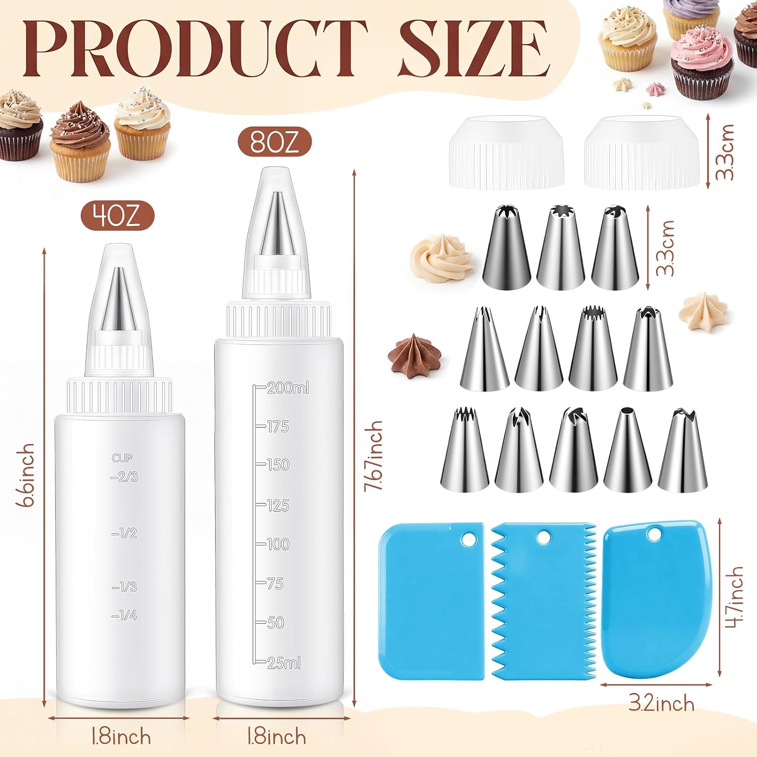 Zhehao 4 Pcs Piping Bottles for Icing Cookie Decorating Supplies Plastic 4 oz & 8 oz Squeeze Bottles & 12 Different Tips & 2 Couplers & 3 Scrapers for Cookie Icing Kit Pancake Squeezing