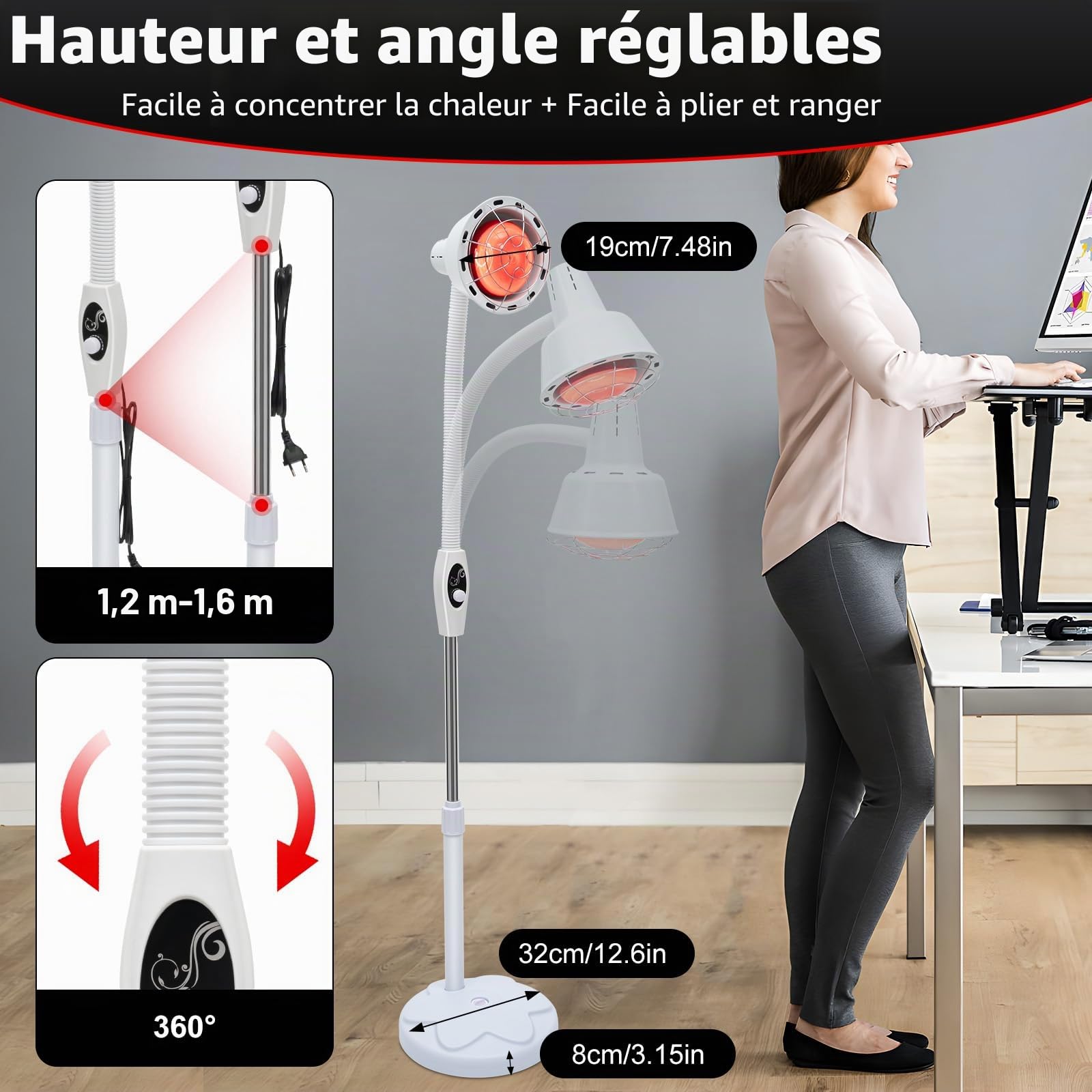 275W Lampe Infrarouge Lampe Chauffante 360° Lampe à Infrarouge sur Pied pour Soulager Les Douleurs Musculaires ou Les Rhumes, Température réglable