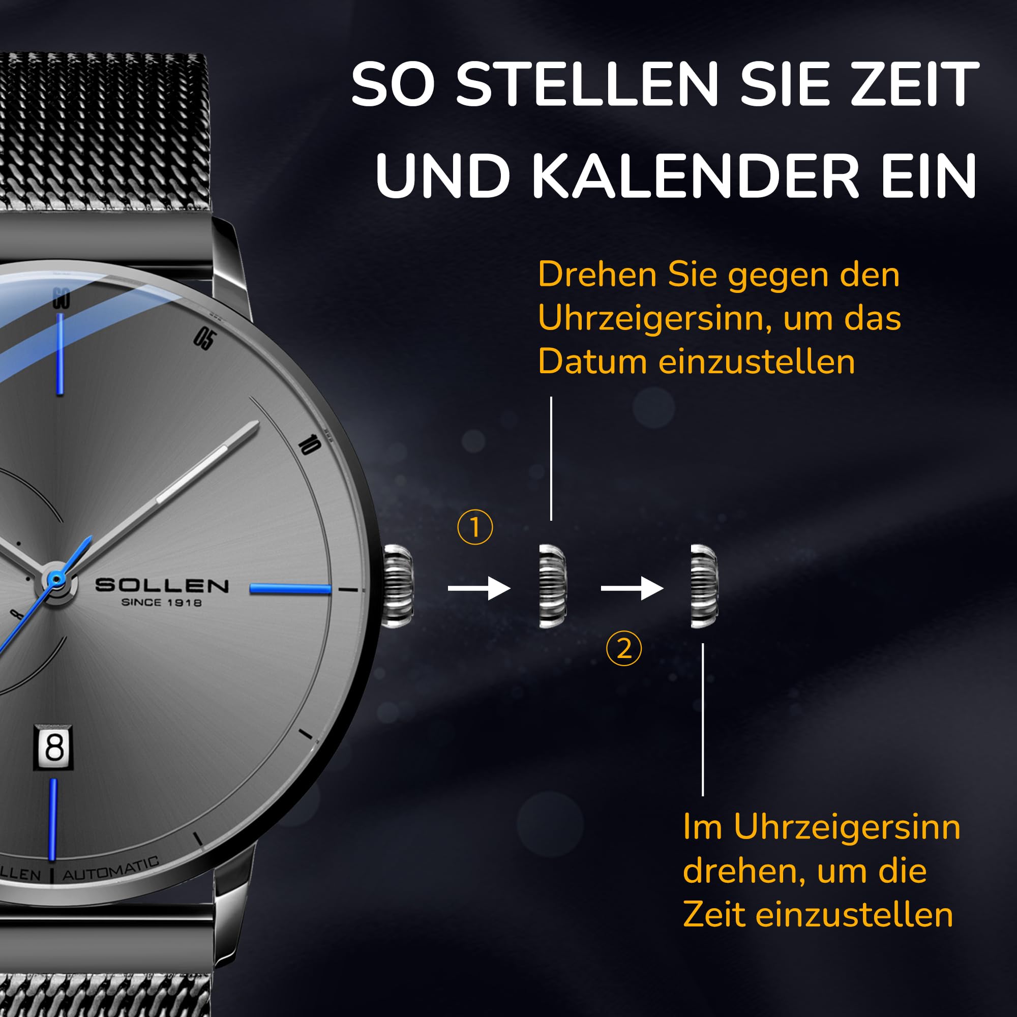 SOLLEN Minimalistische Automatikuhren Herren,Grau Automatische Herrenuhren,Originales Mechanisches Uhrwerk,3ATM Wasserdicht Leuchtend Selbstaufzug Herrenuhr mit Kalendar,Business Armbanduhr für Männer