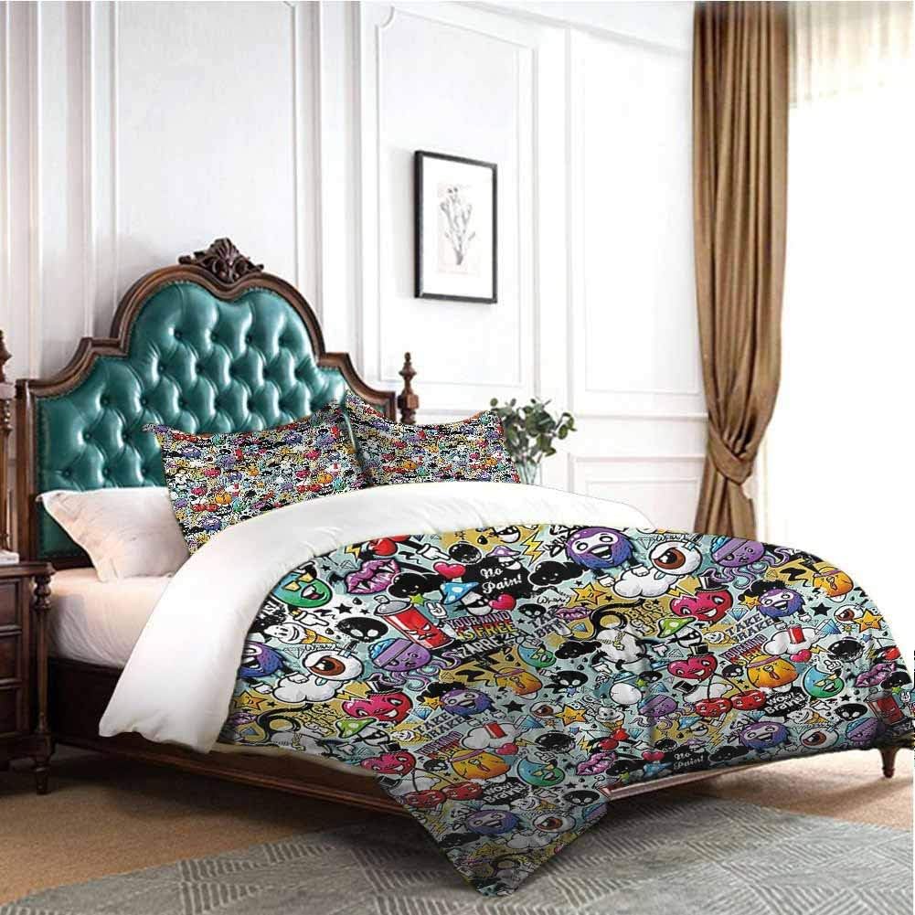 70% Off Discount Cartoon Decor Bedding 3-Piece California King Bed Sheets Set, Graffiti Creatures with Spray Tanks Animals and Quotations Colored Image (1 duvet cover + 2 pillowcases) Printed bedding Multicolor