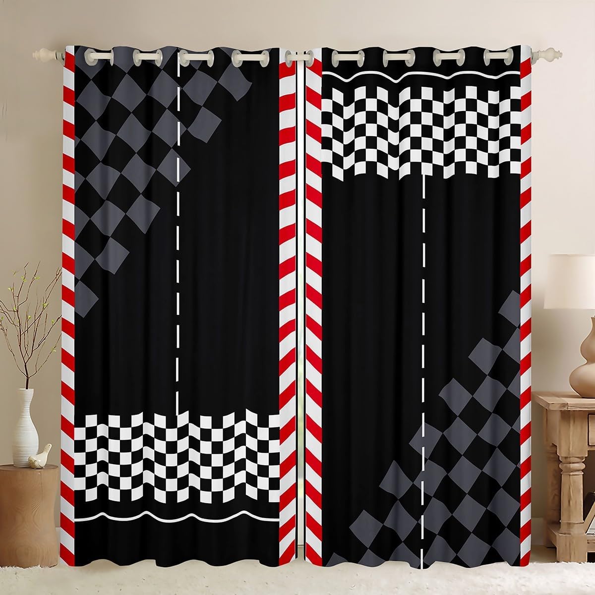 Feelyou Kids Race Car 30%-50% Blackout Curtains Race Track Window Curtains Karting Road Darkening Drapes for Bedroom Kids Boys Girls Racing Flag Living Room Window Treatments (2 Panels, 52 x 63 Inch)