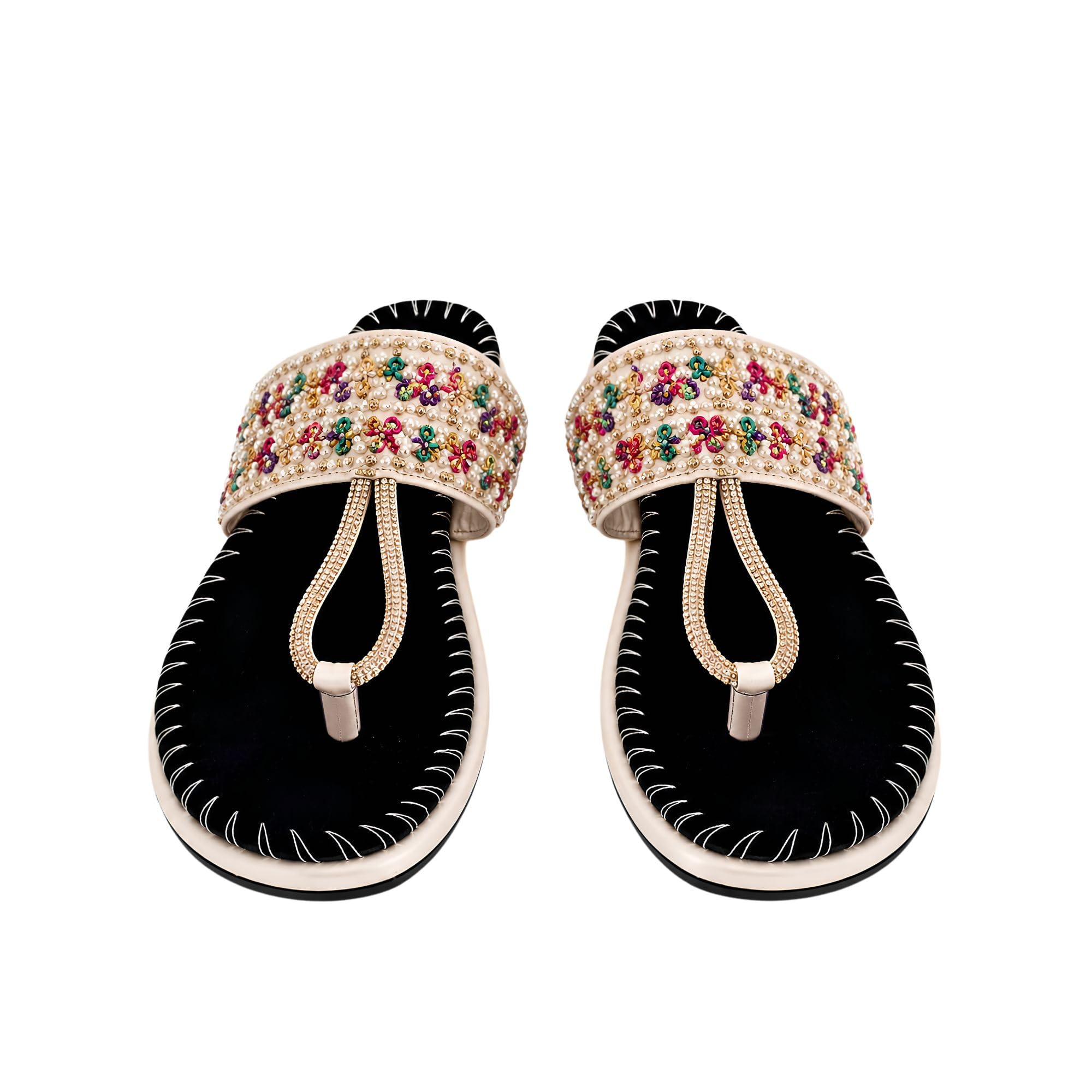 Women's Ethnic Embellished Toe Ring Flats, Cream Traditional Slip On Sandals with Beaded Work, Comfortable Casual Festive Daily Wear Footwear-image-26