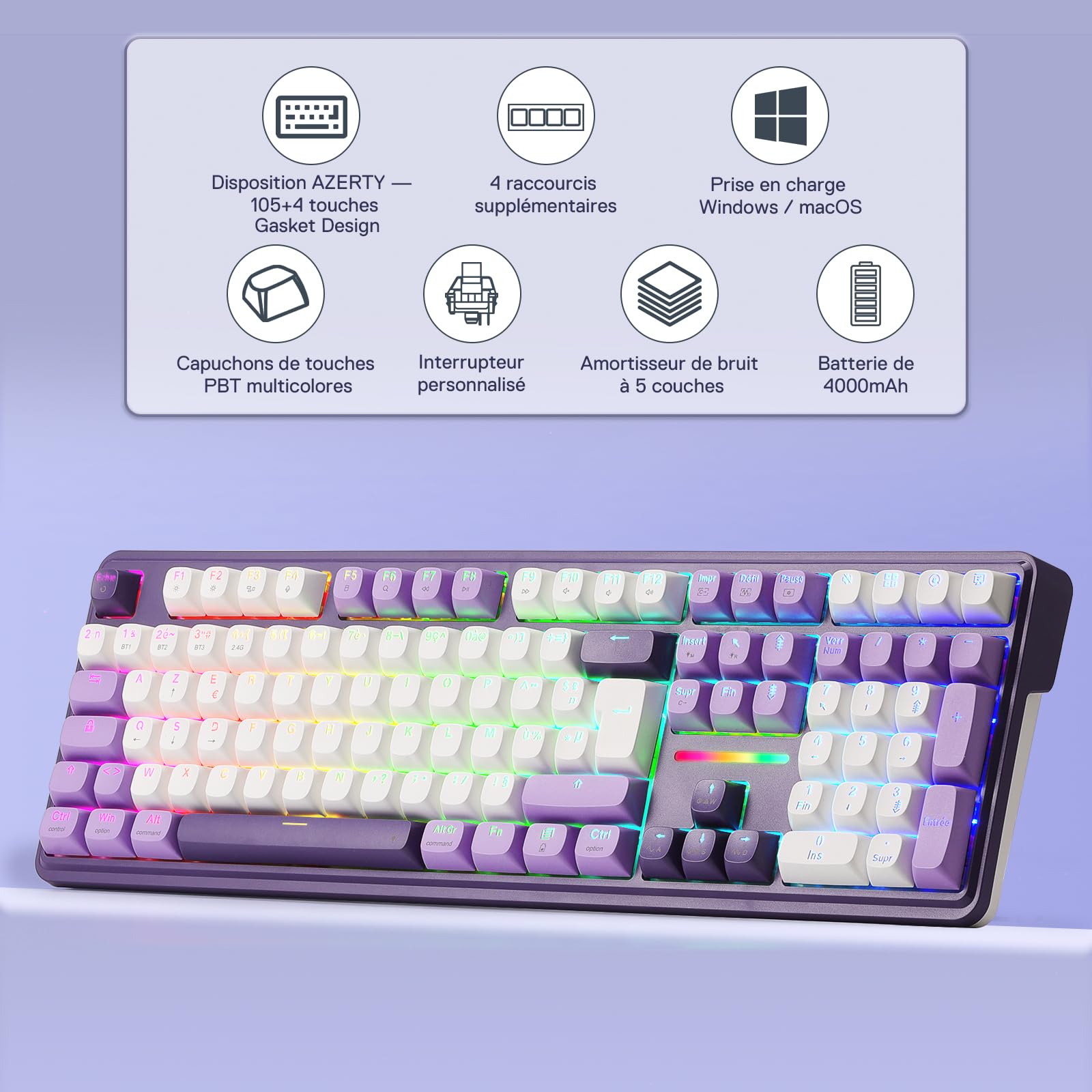 Redragon K745 Pro Clavier Mécanique sans Fil 3 Modes RGB AZERTY FR, 105+4 Touches, 4 Macros, Hot-Swap, Amortissement 5 Couches, Touches PBT Translucides, Switch Linéaire Yolk
