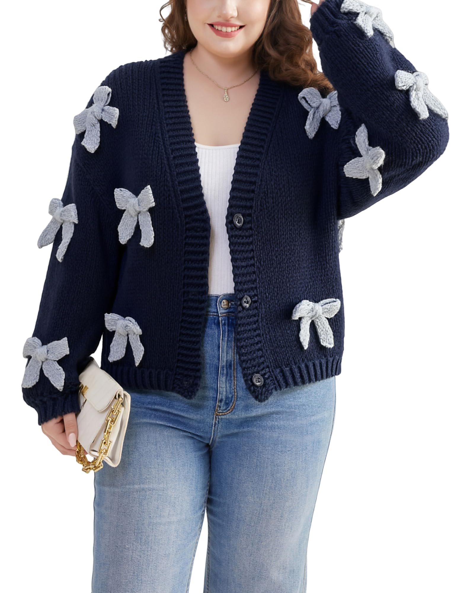 Plus Size Bow Cardigan Sweaters for Women Casual Long Sleeve Button V Neck Knit 3D Bows Sweater Coats
