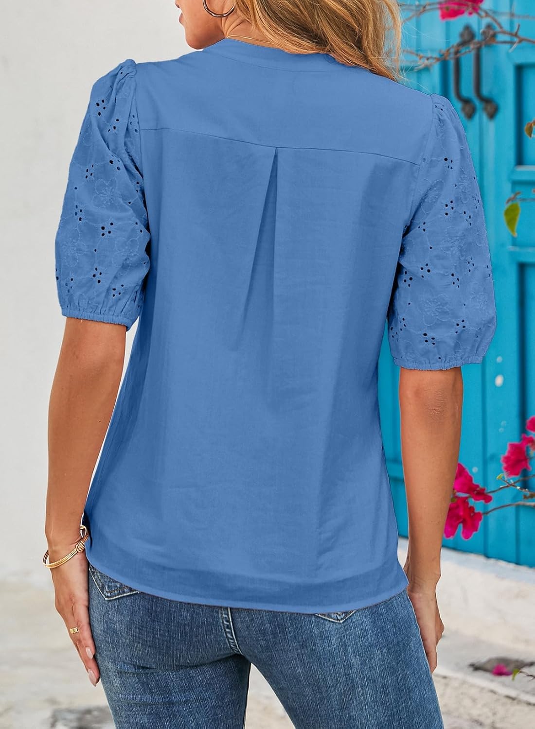 Dokotoo Women's Dressy Casual Lace Blouses Summer Tops Half Sleeve V Neck Buttons Hollow Out Embroiderey Shirts - Image 2