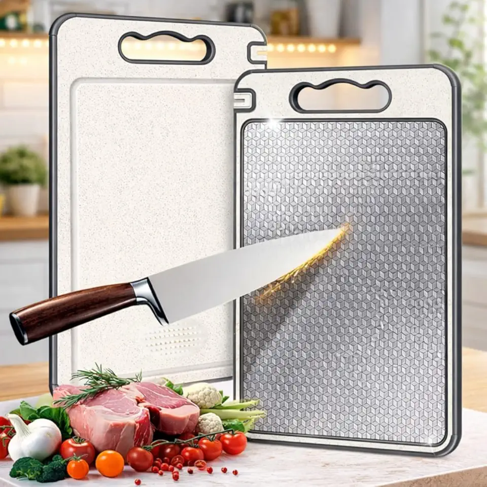 Tábua de Corte Inox para Cozinha Dupla Face Aço Inoxidável e PP, 5 em 1, Superfície Higiênica para Carnes e Vegetais, Afiador Integrado, Canaletas Antirrespingo, Base Antiderrapante e Alça Ergonômica