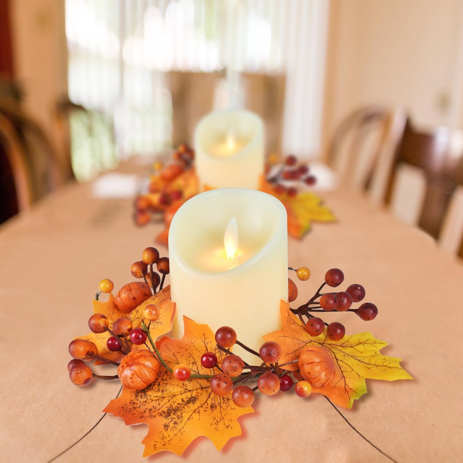 4 Pack Fall Candle Rings Wreaths, Artificial Pumpkin Maple Leaf Candle Wreath Berry Rings, Autumn Halloween Thanksgiving Wedding Party Table Decor, 4.7" ID / 9" OD