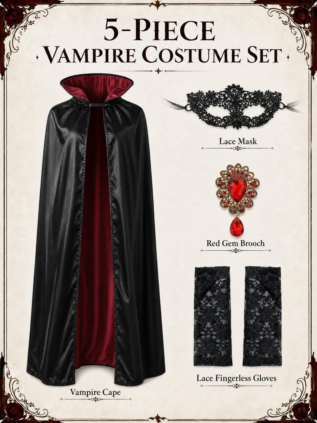 HOMELEX Vampire Accessories Set for Women, Cape Mask Gloves Brooch image 5